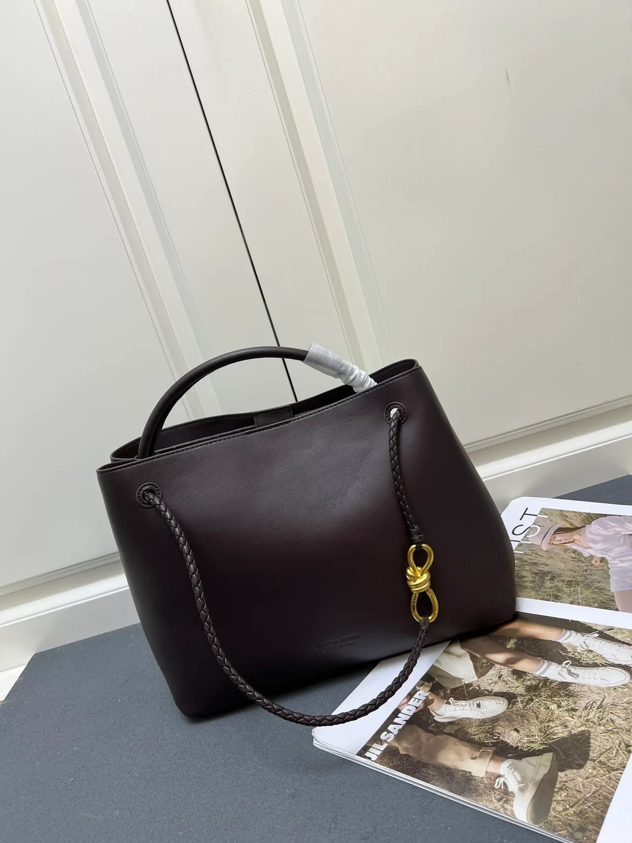 Bottega Veneta Calfskin Woven Braided-Handle Tote in Brown · view 1