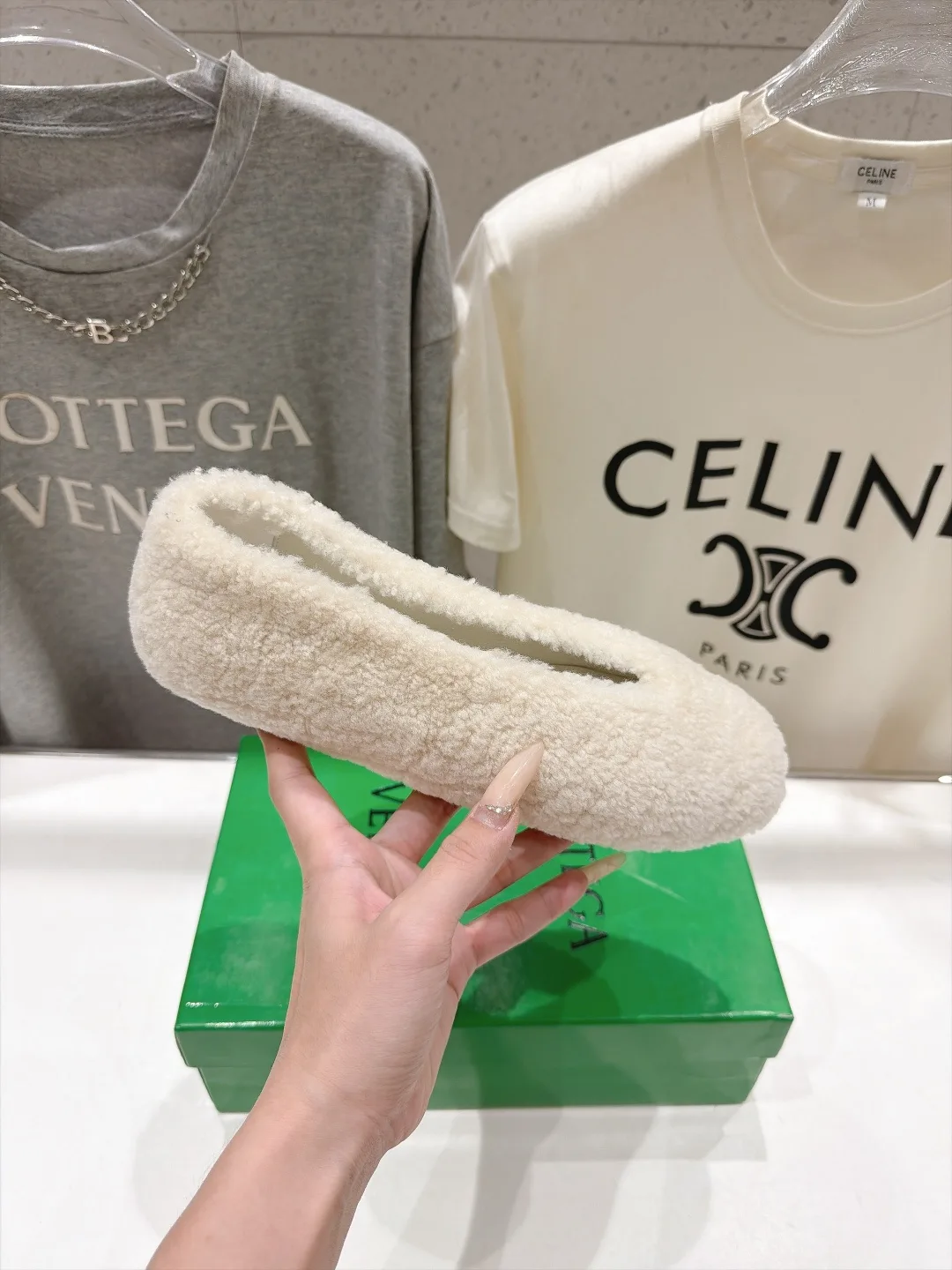 Celine Round-Toe Fleece Ballet Flats in Cream · view 5