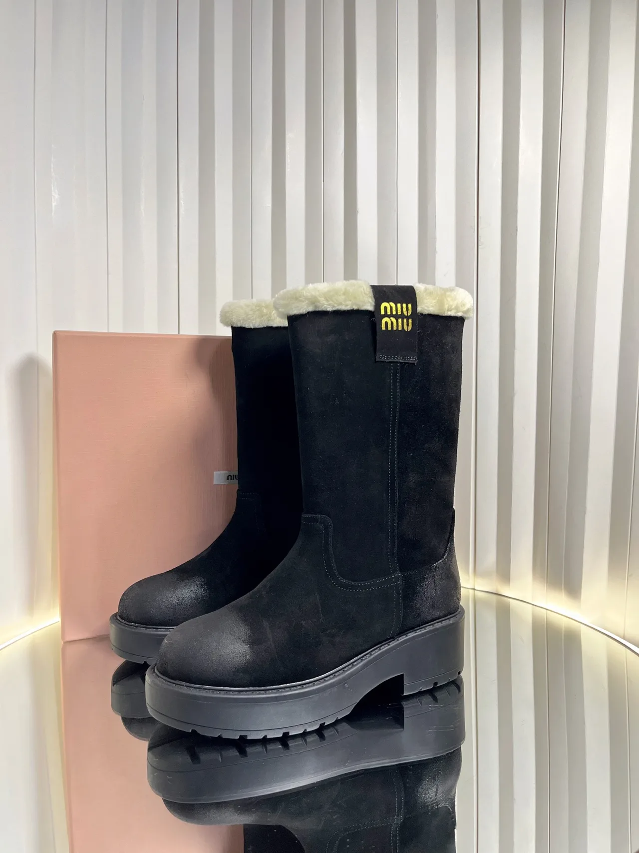 Miu Miu Calfskin Suede-Look Boots in Black · view 3
