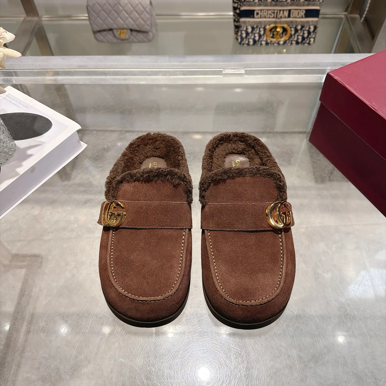 Gucci Cowhide Wool Suede-Look Buckle Mules in Brown · view 2