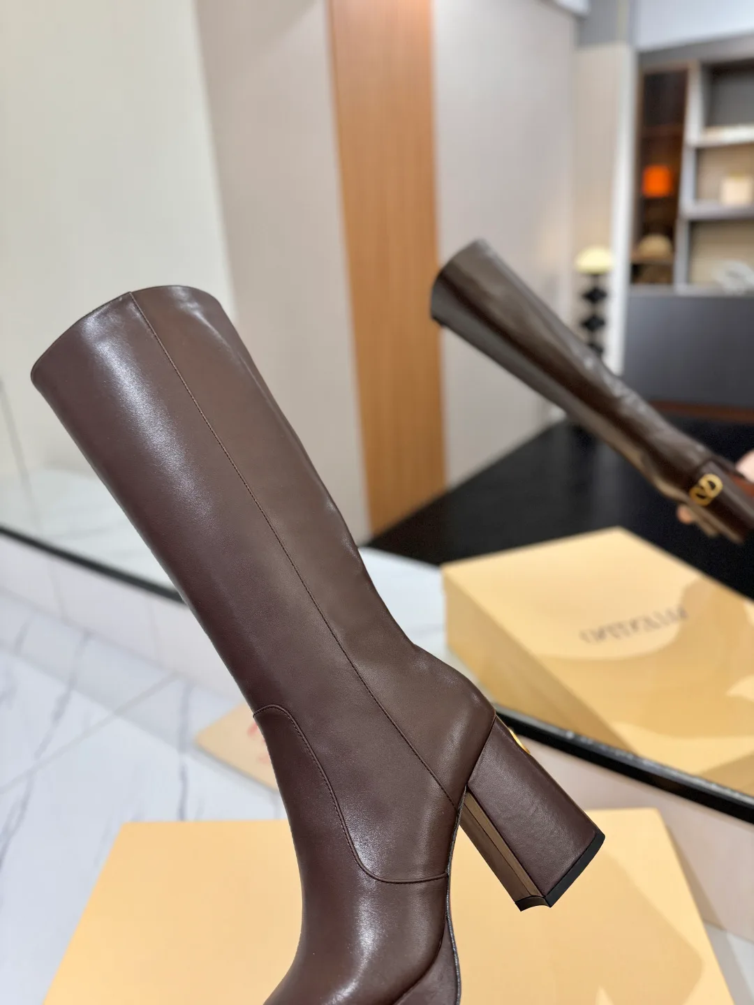 Valentino Cowhide Glossy Round-Toe Knee-High Boots in Brown · view 8