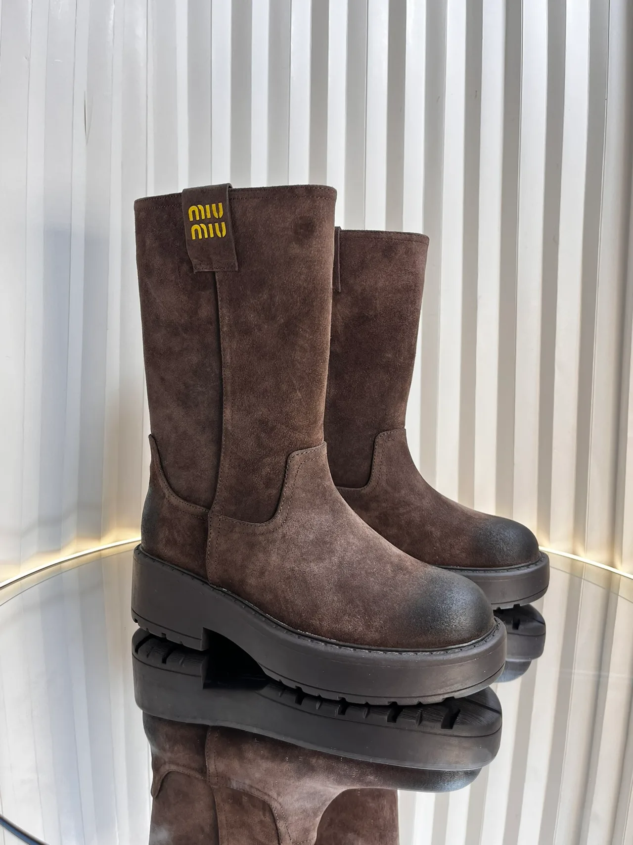 Miu Miu Calfskin Knee-High Boots in Brown · view 1