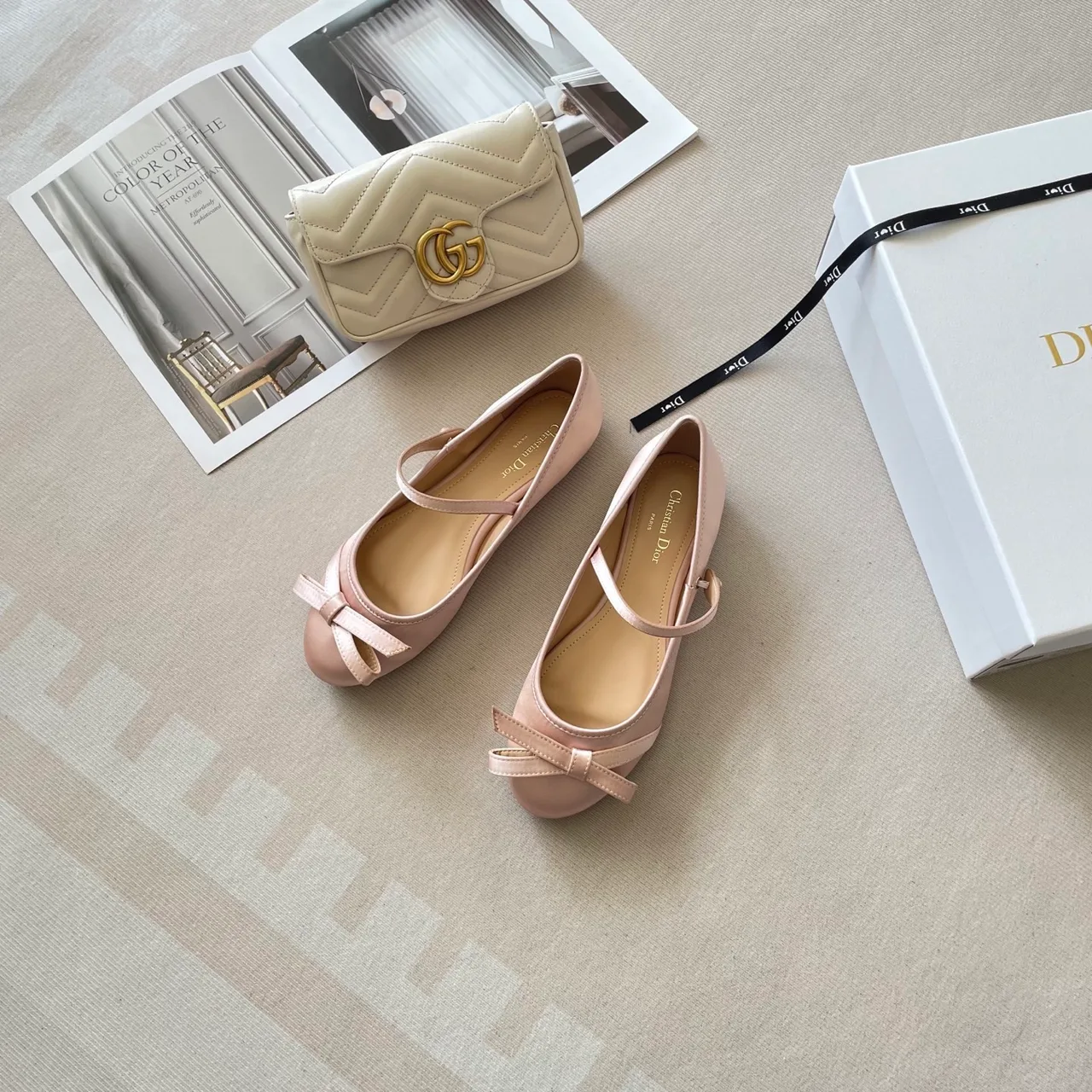 Dior Leather Quilted Bow Mary Jane Flats in Pink · view 2