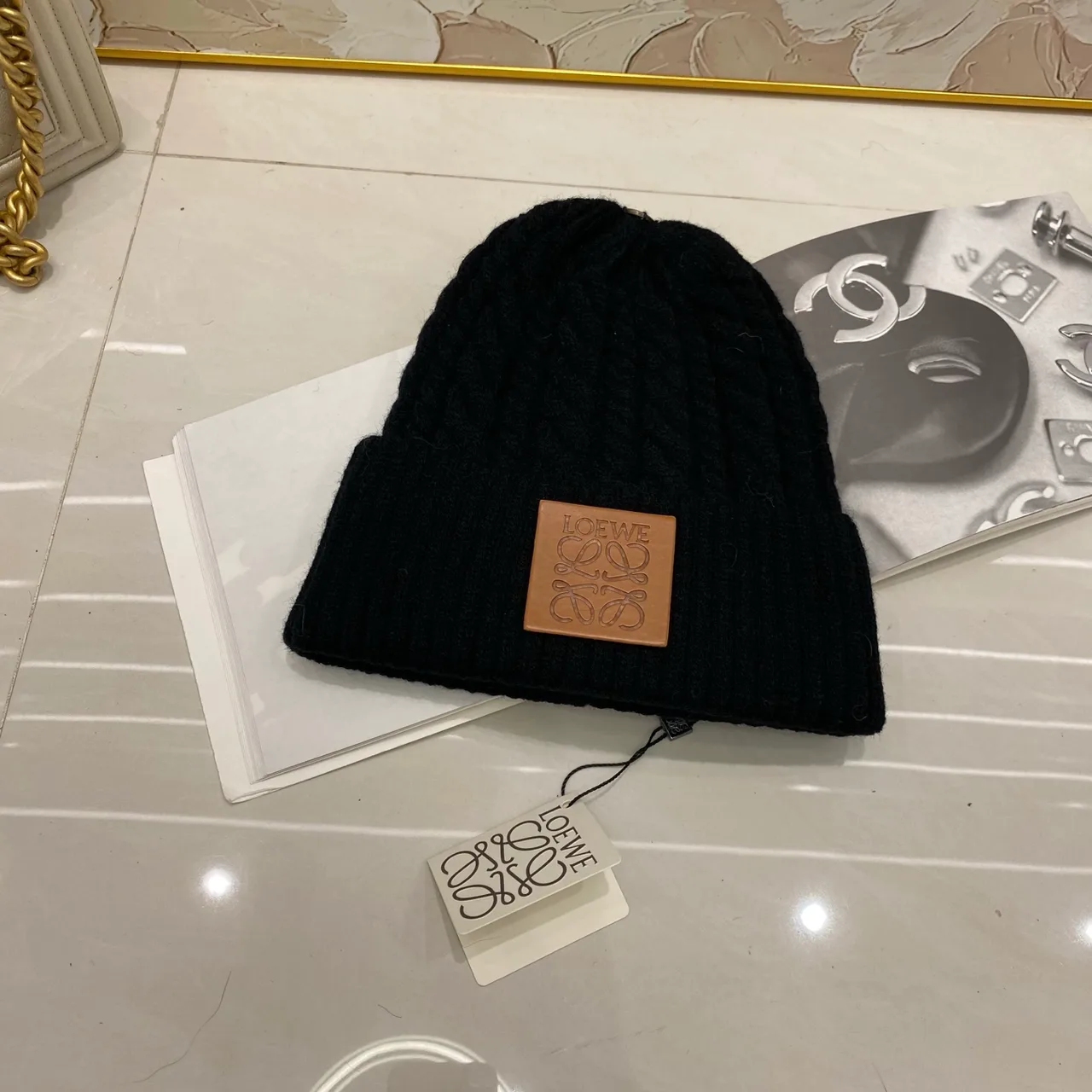 Loewe Cable knit beanie in Black & White & Cream & Brown & Grey & Burgundy · view 1