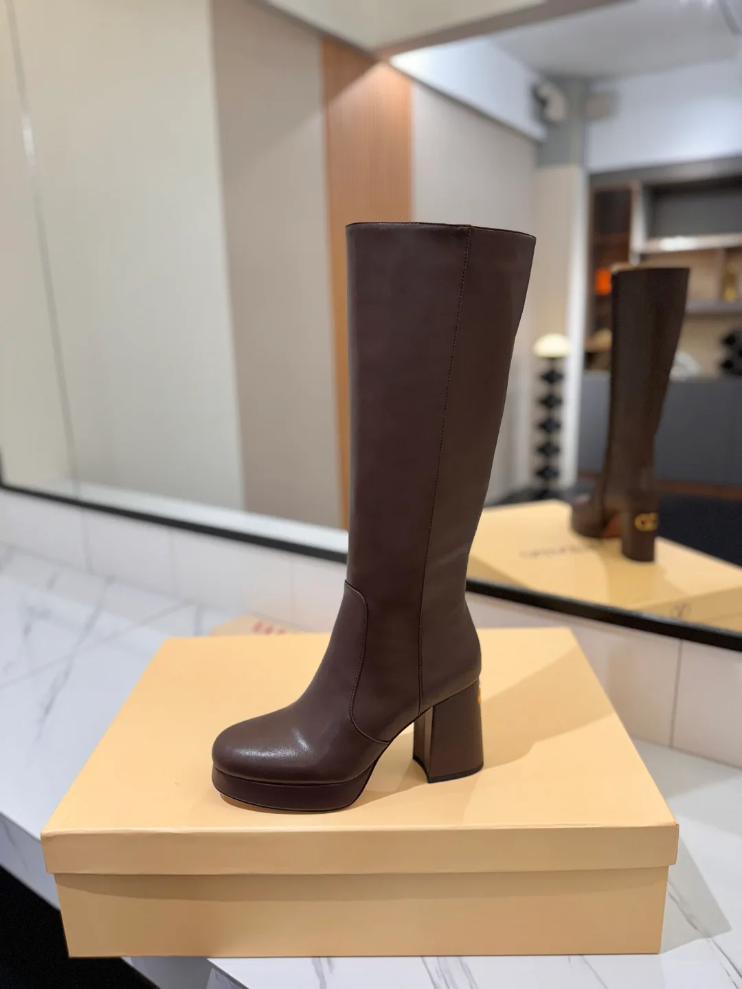 Valentino Cowhide Glossy Round-Toe Knee-High Boots in Brown · view 6