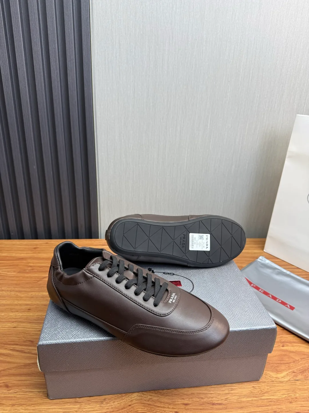 Prada Cowhide Quilted Round-Toe Sneakers in Brown · view 6