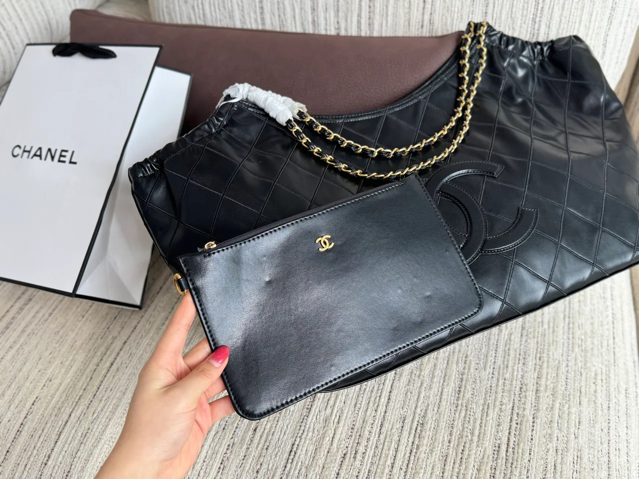 Chanel Glossy Quilted tote with pictured pouch in Black · view 3