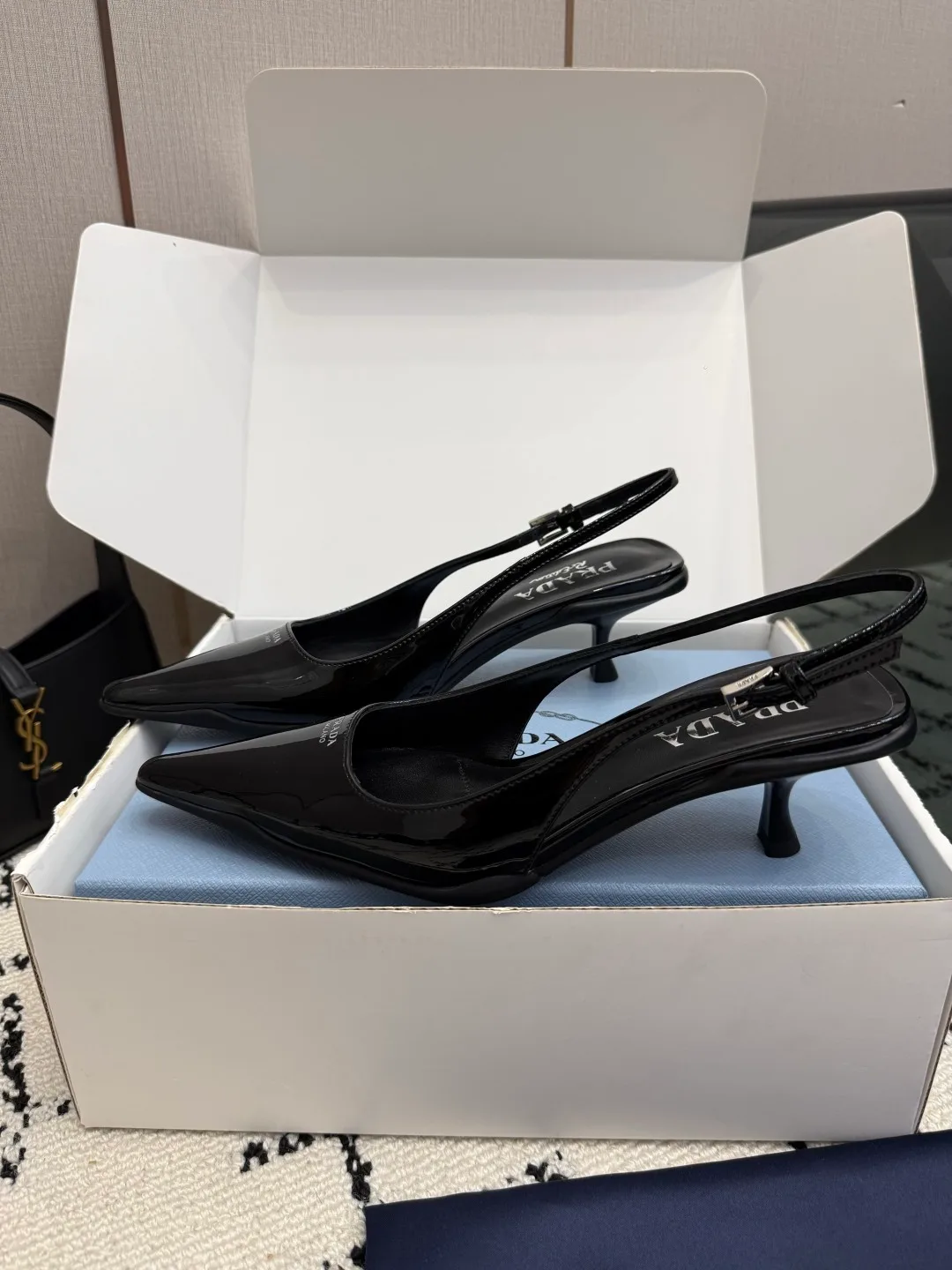 Prada Patent Leather Pointed Slingback Pumps in Black · view 4