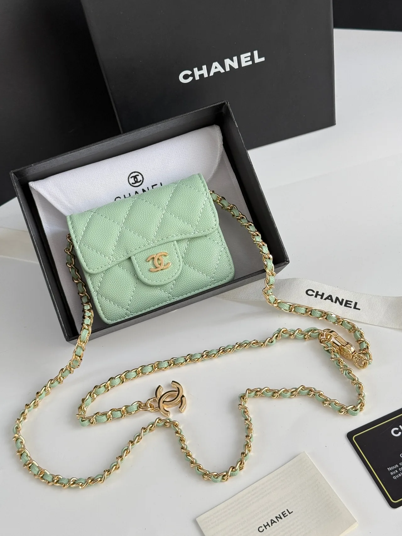 Chanel Quilted Chain Mini Wallet in Green · view 2