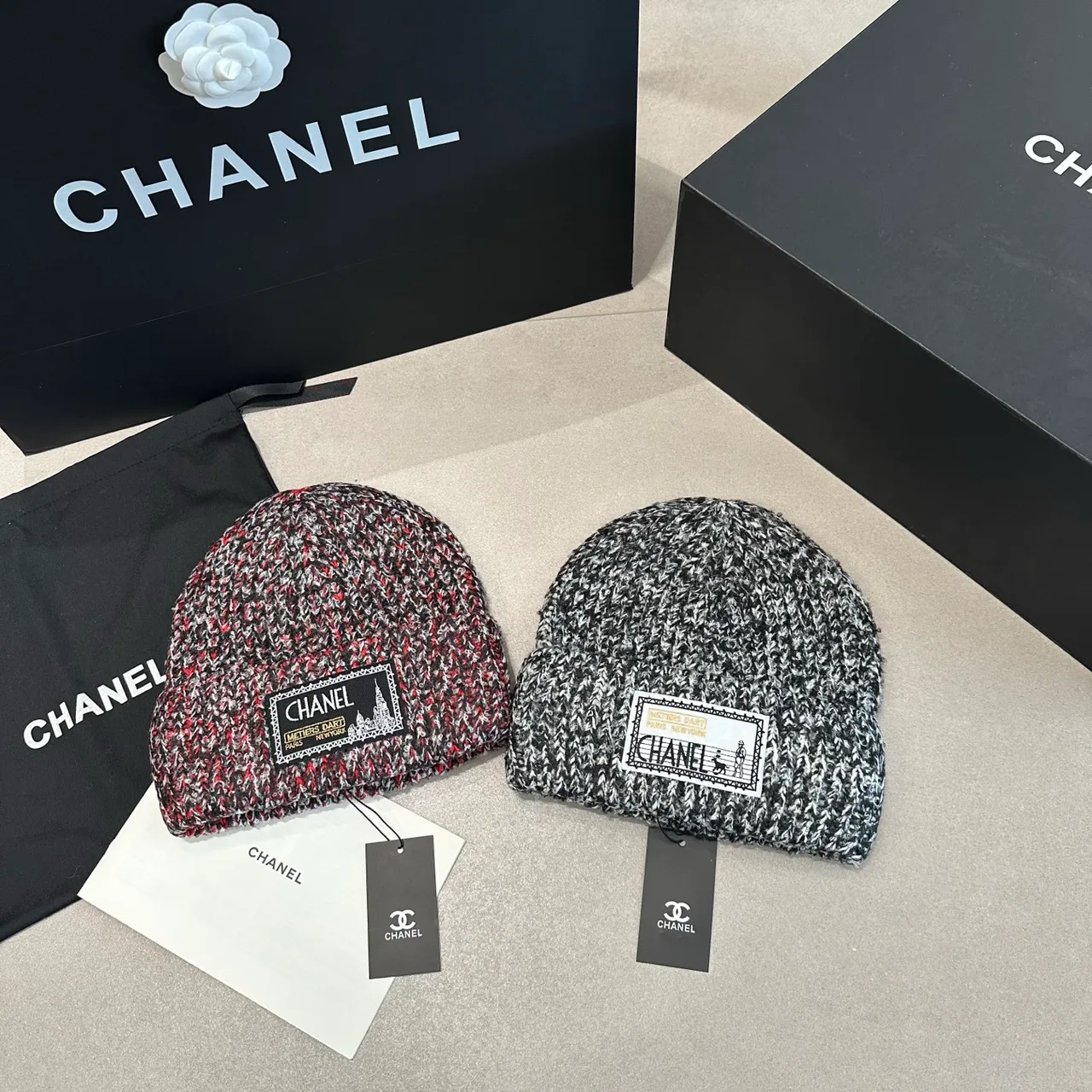 Chanel Beanie in Red & Grey · view 6