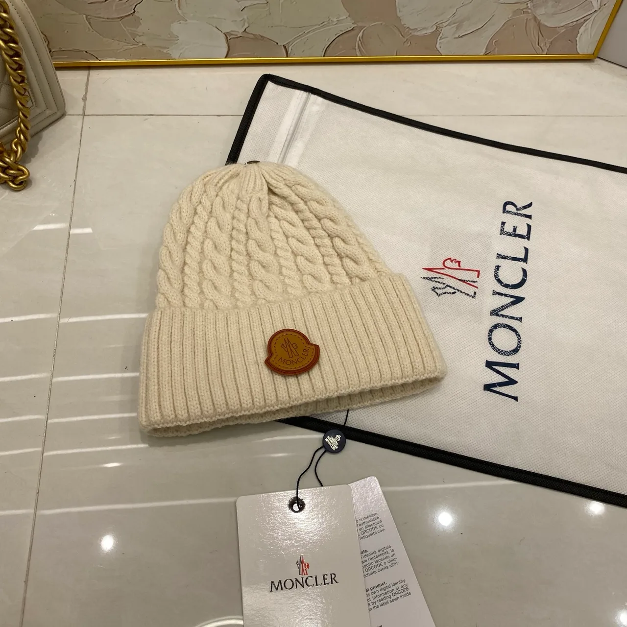 Moncler Cable Beanie in Black & White & Brown & Beige & Grey & Burgundy · view 4