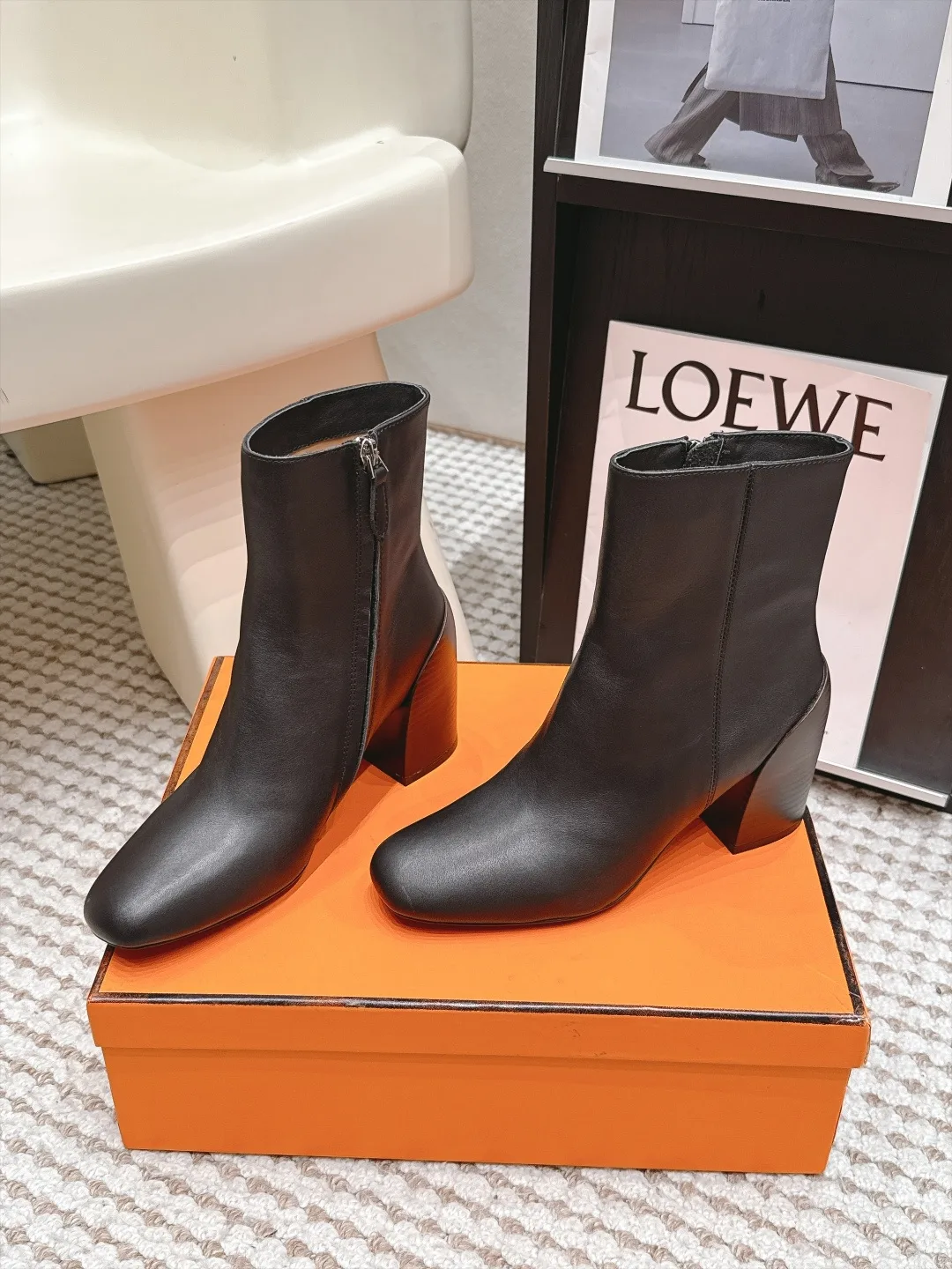 Loewe Smooth Square-Toe Ankle Boots in Black · view 3