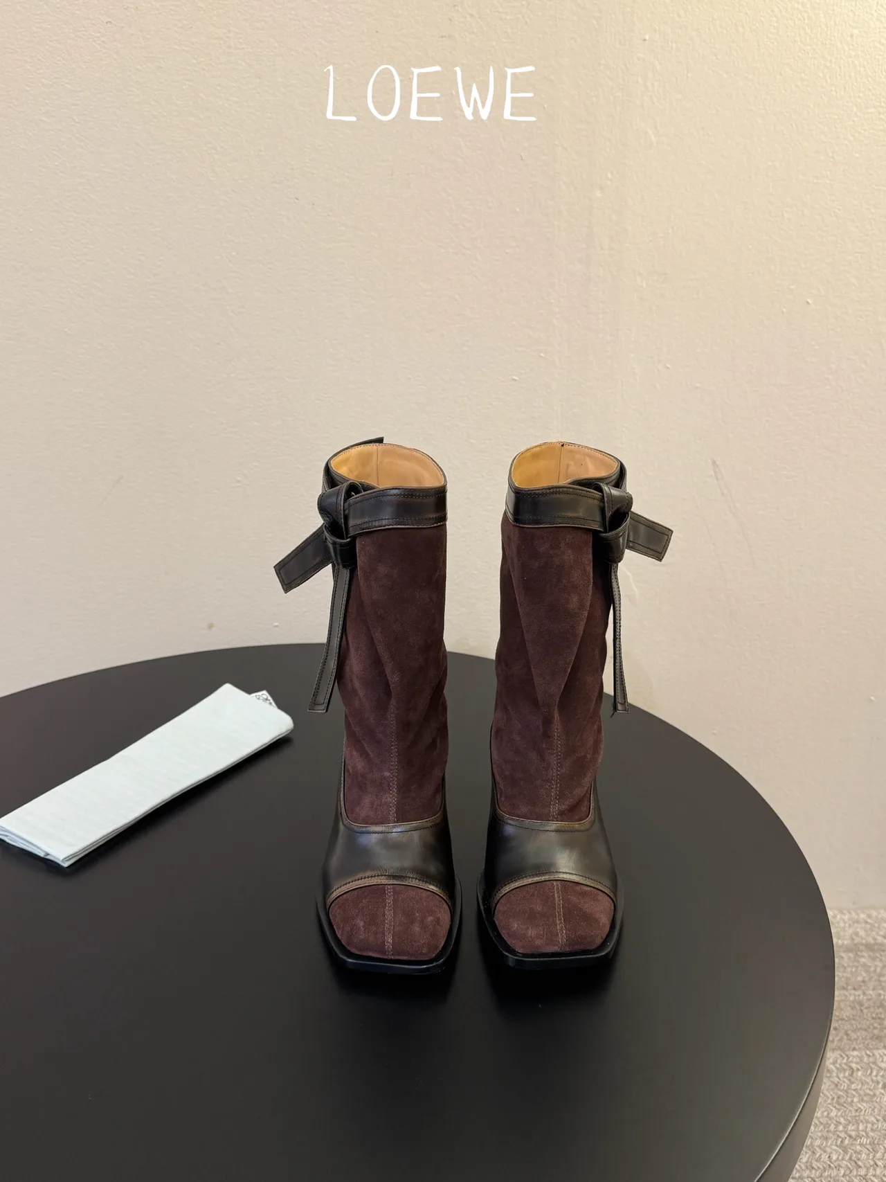Loewe Cowhide Suede-Look Pointed-Toe Bow Ankle Boots in Brown · view 1