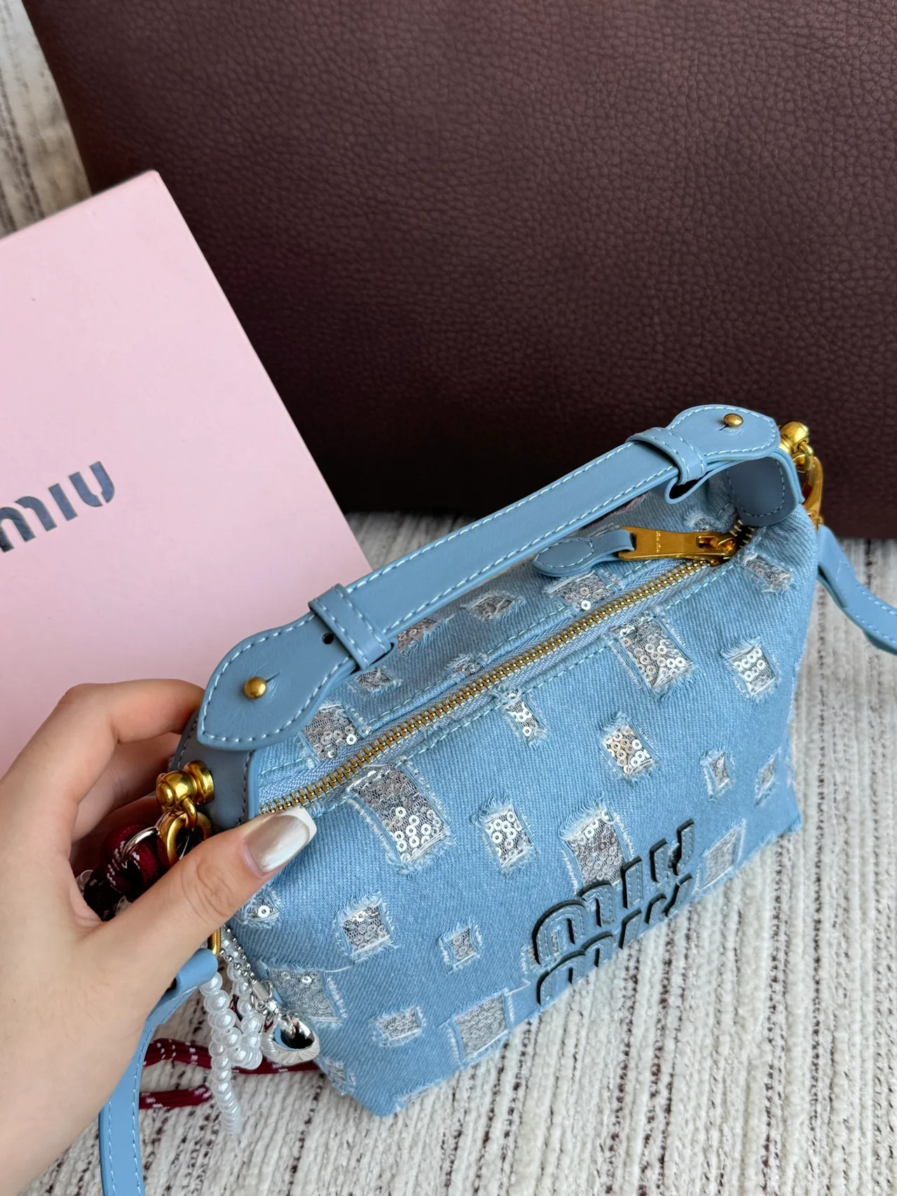 Miu Miu Canvas Denim-Look Sequin-Detail Vanity Bag in Blue · view 5