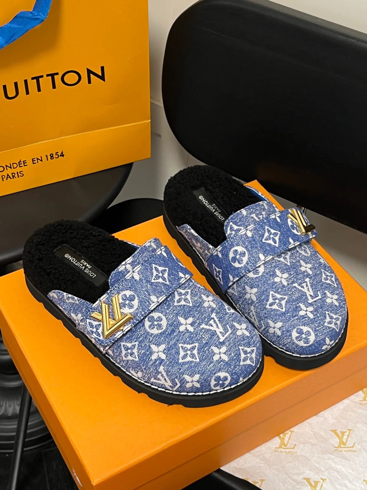 Louis Vuitton Monogram Lace-Up Buckle Slippers in Blue · view 2