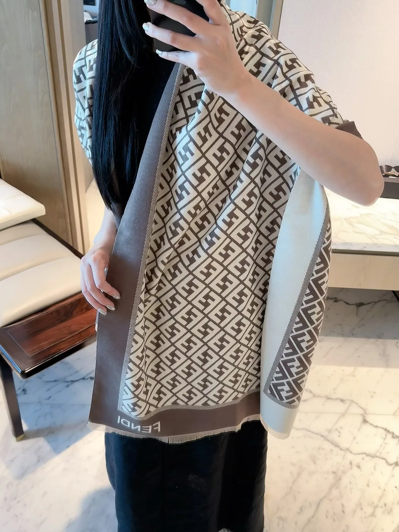 Fendi FF Border Scarf in Orange & Cream & Brown · view 3