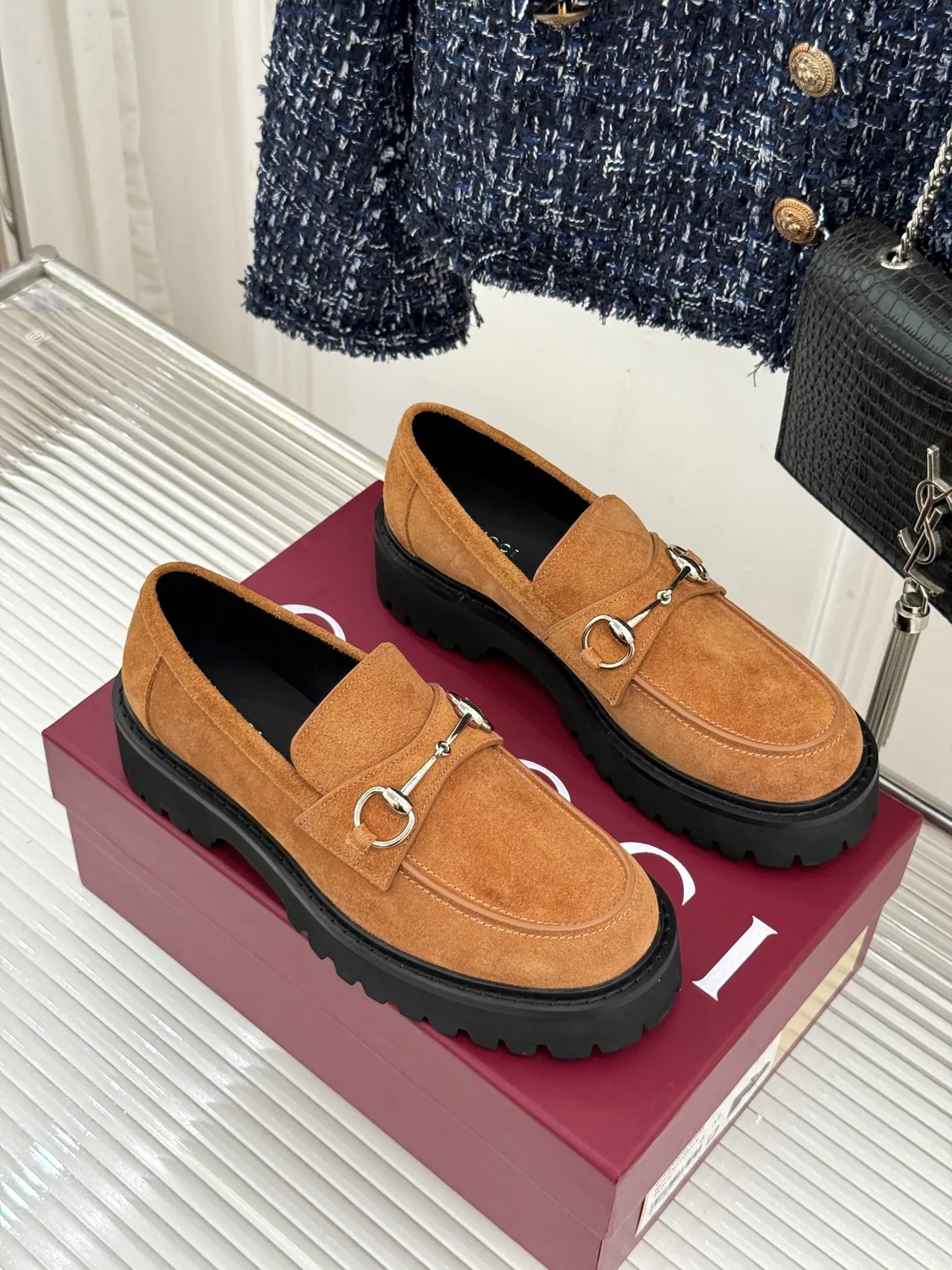 Gucci Glossy Suede-Look Round-Toe Loafers in Tan · view 3