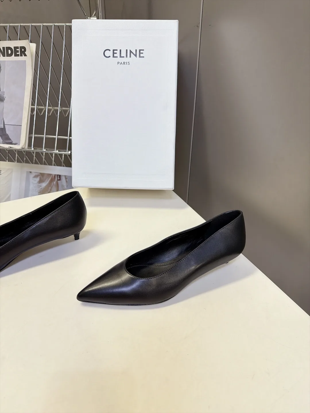 Celine Lambskin Glossy Pointed-Toe Kitten Heel Pumps in Black · view 3
