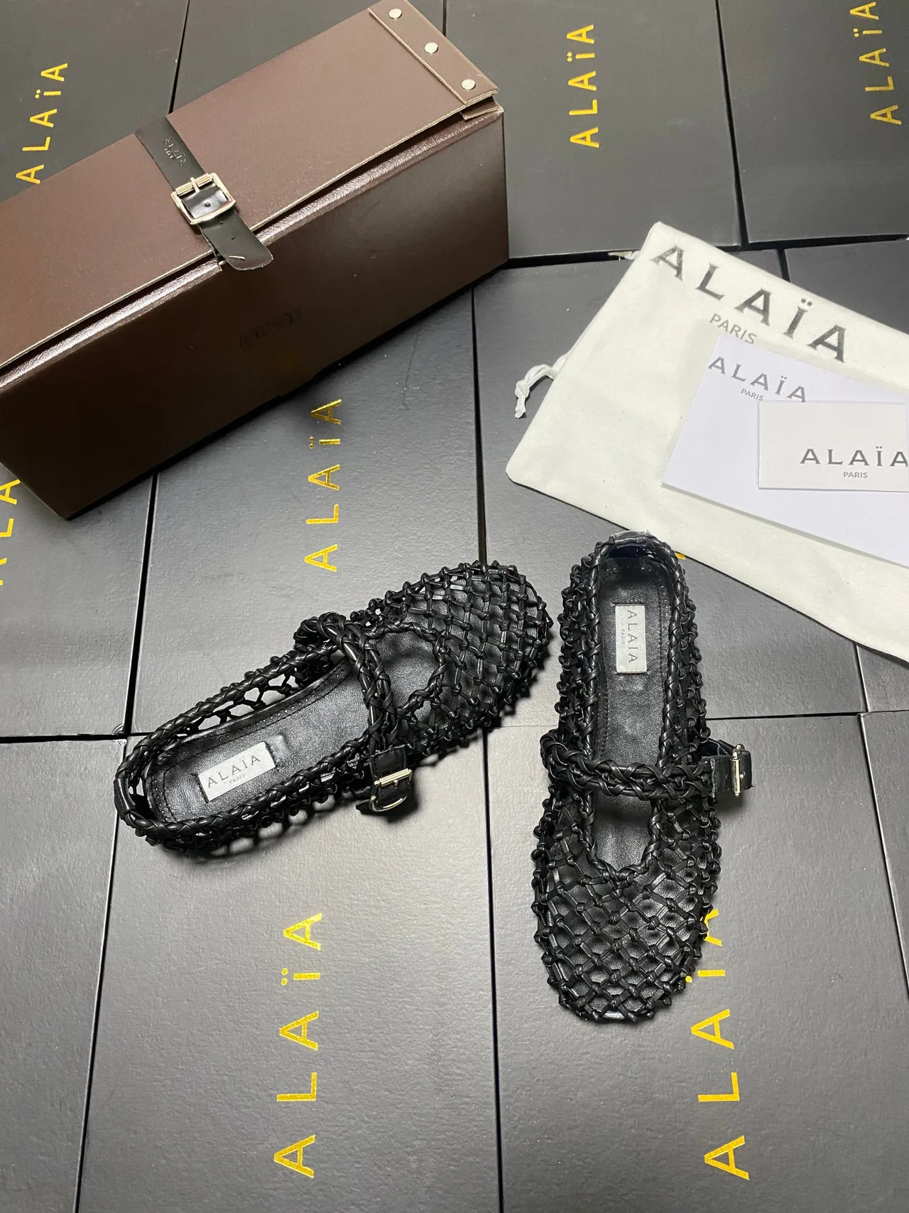 Alaia Cowhide Sheepskin Square-Toe Woven Mary Jane Flats in Black · view 6