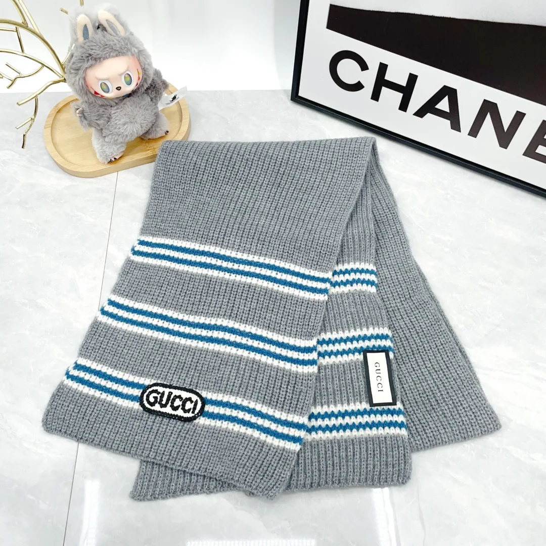 Gucci Wool Striped Embroidered Hat Scarf and Gloves Set in Grey · view 8