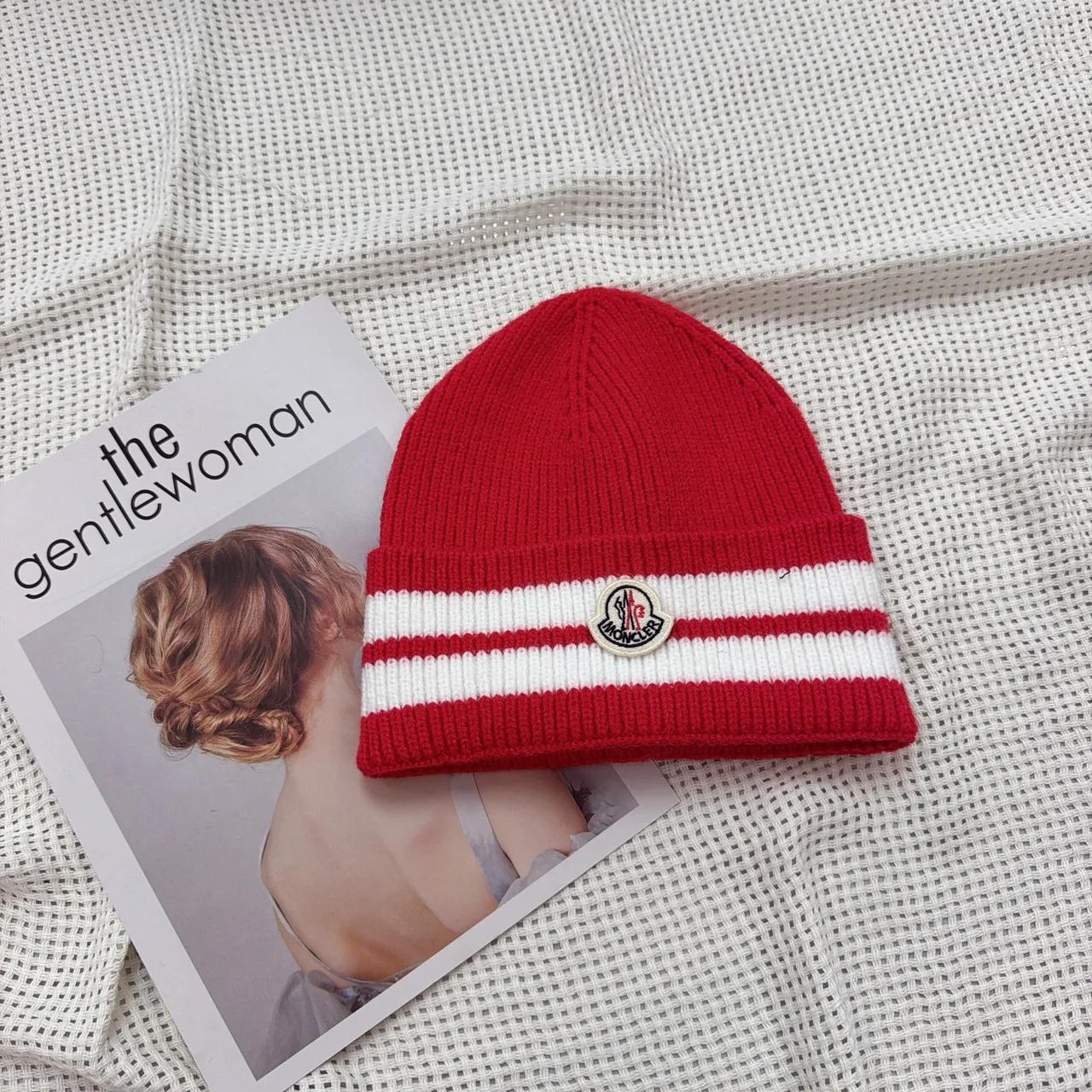 Moncler Striped-Cuff Beanie in Black & White & Brown & Grey & Burgundy & Red & Blue · view 4