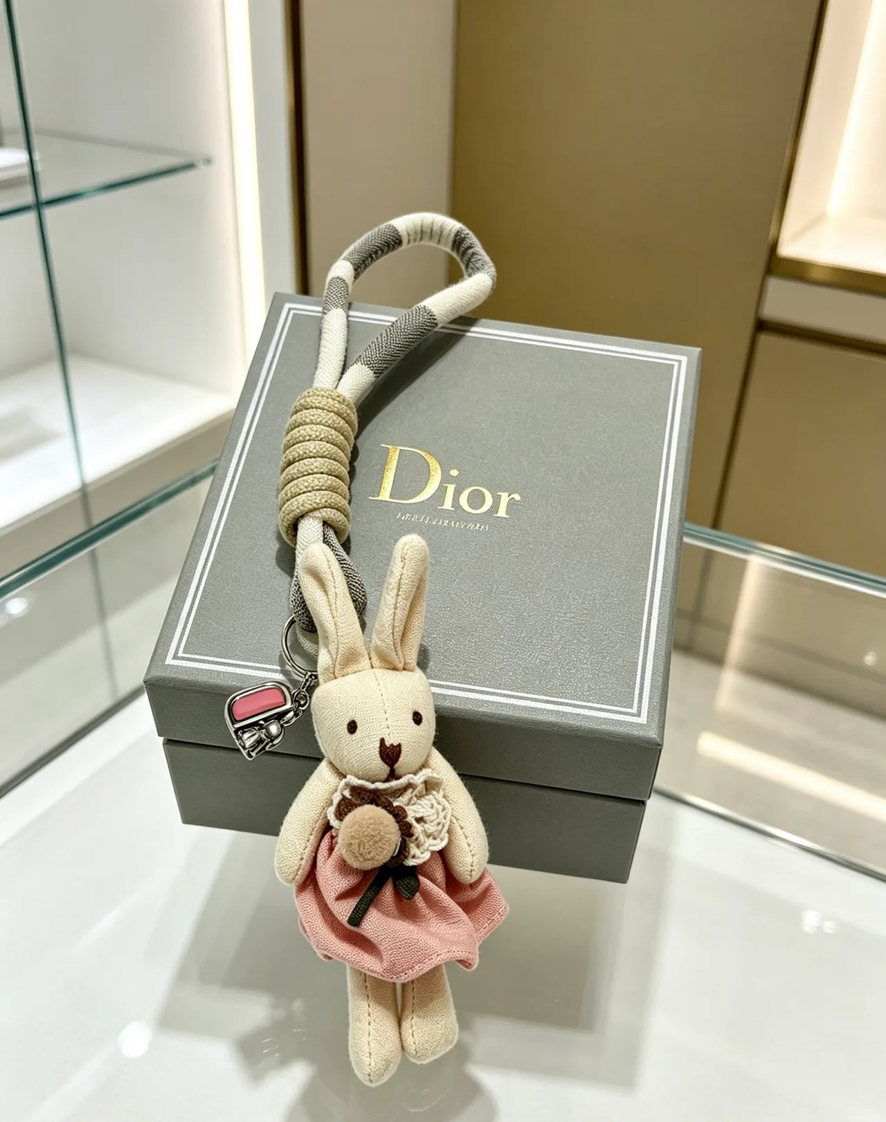 Dior Woven Rabbit Keychain in White · view 7