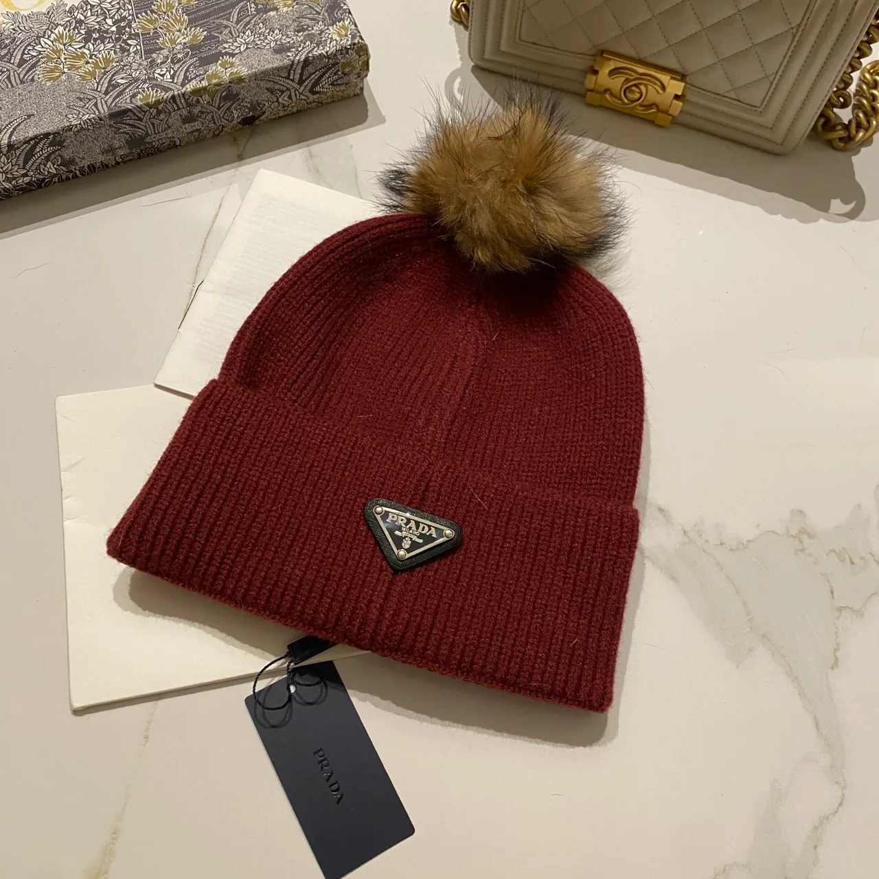 Prada Pom Knit Beanie in Red & Blue & Orange & Yellow & Pink & Brown & Grey & Black & White & Beige · view 2