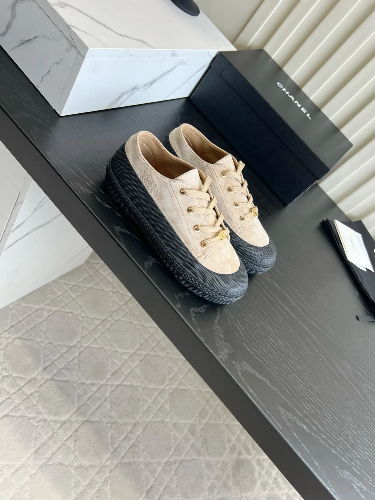Chanel Suede-Look Round-Toe Sneakers in Beige · view 3