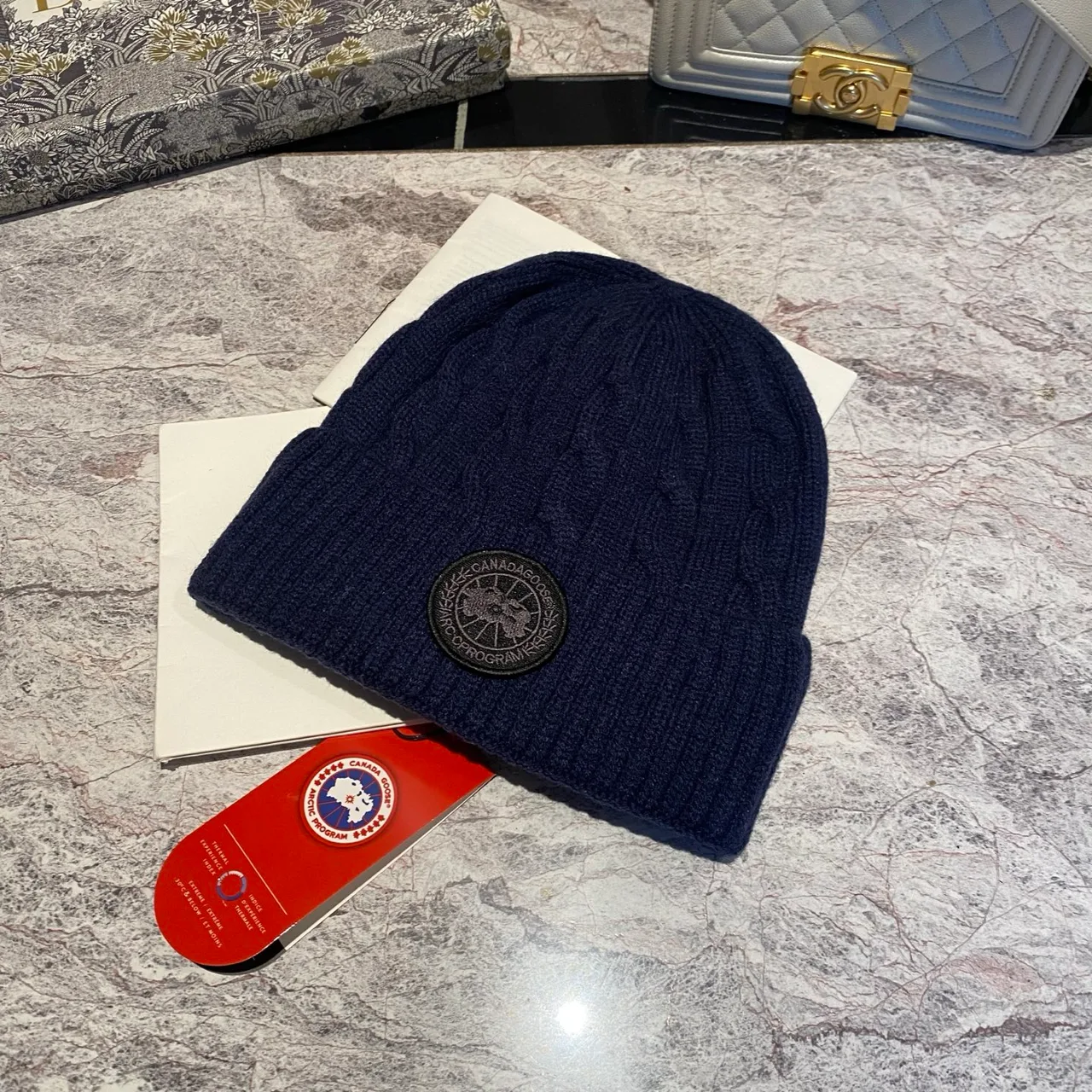Canada Goose Cable-knit logo beanie in Black & Grey & White & Tan & Cream & Blue & Pink & Burgundy · view 7