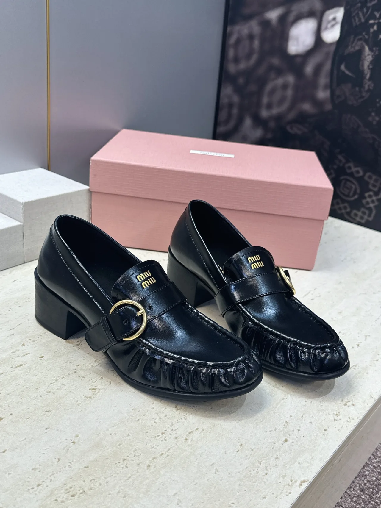 Miu Miu Cowhide Sheepskin Square-Toe Buckle Heeled Loafers in Black · view 1