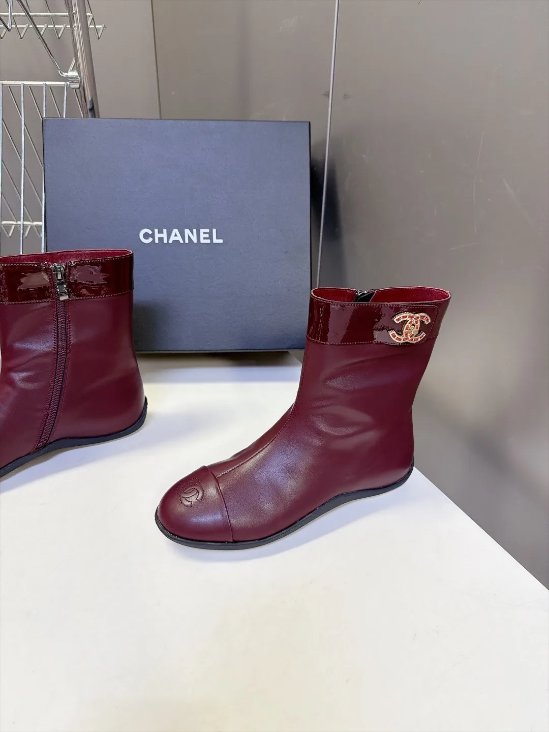 Chanel Calfskin Glossy Ankle Boots in Burgundy · view 3