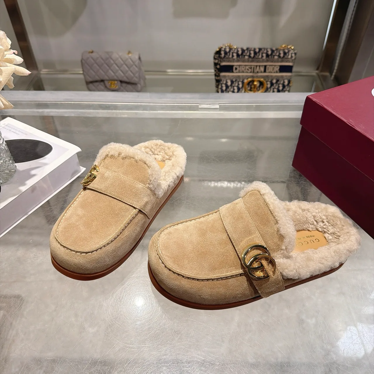 Gucci Cowhide Wool Suede-Look Slippers in Beige · view 3