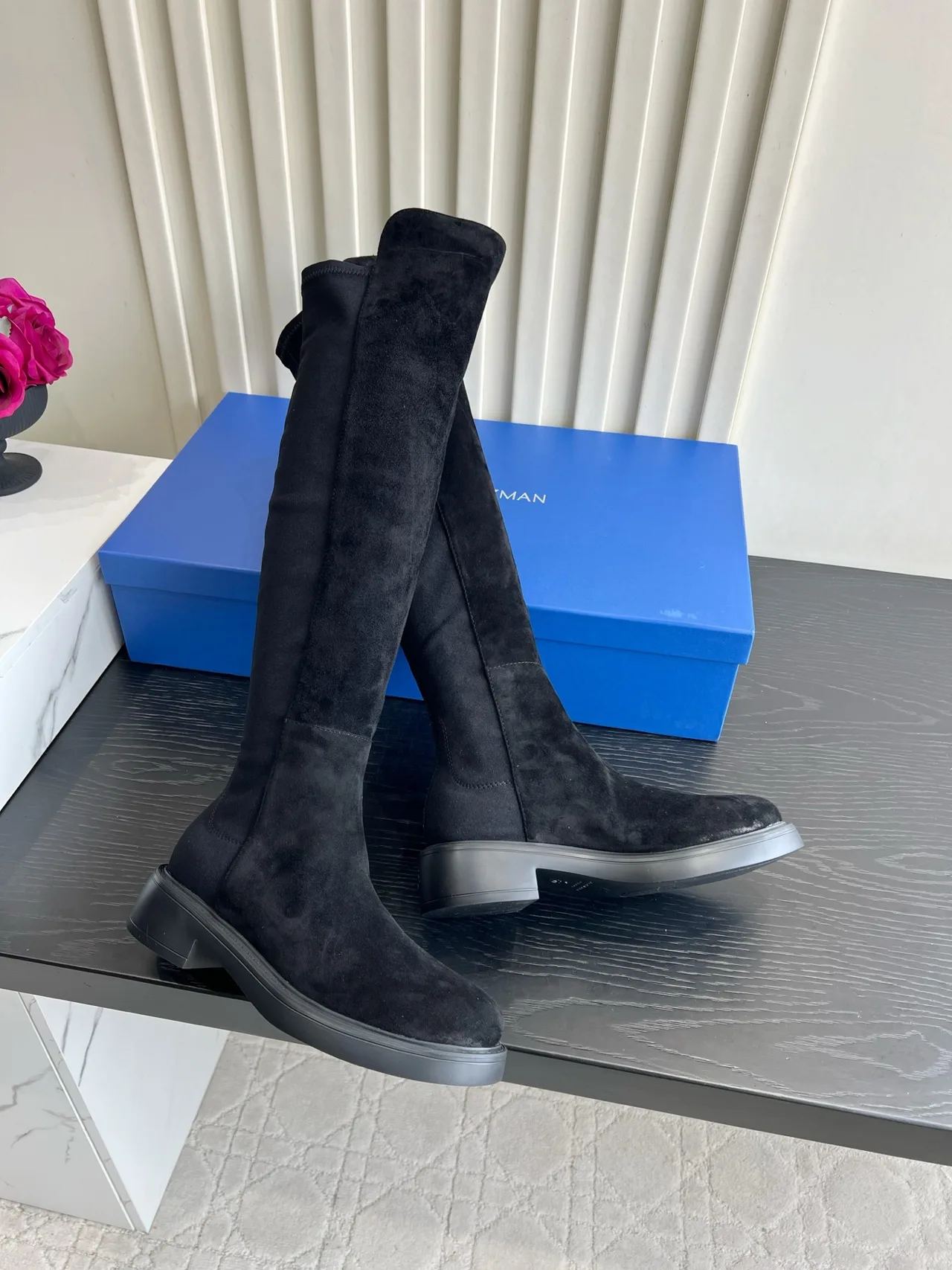 Stuart Weitzman Sheepskin Suede-Look Round-Toe Over-the-Knee Boots in Black · view 1