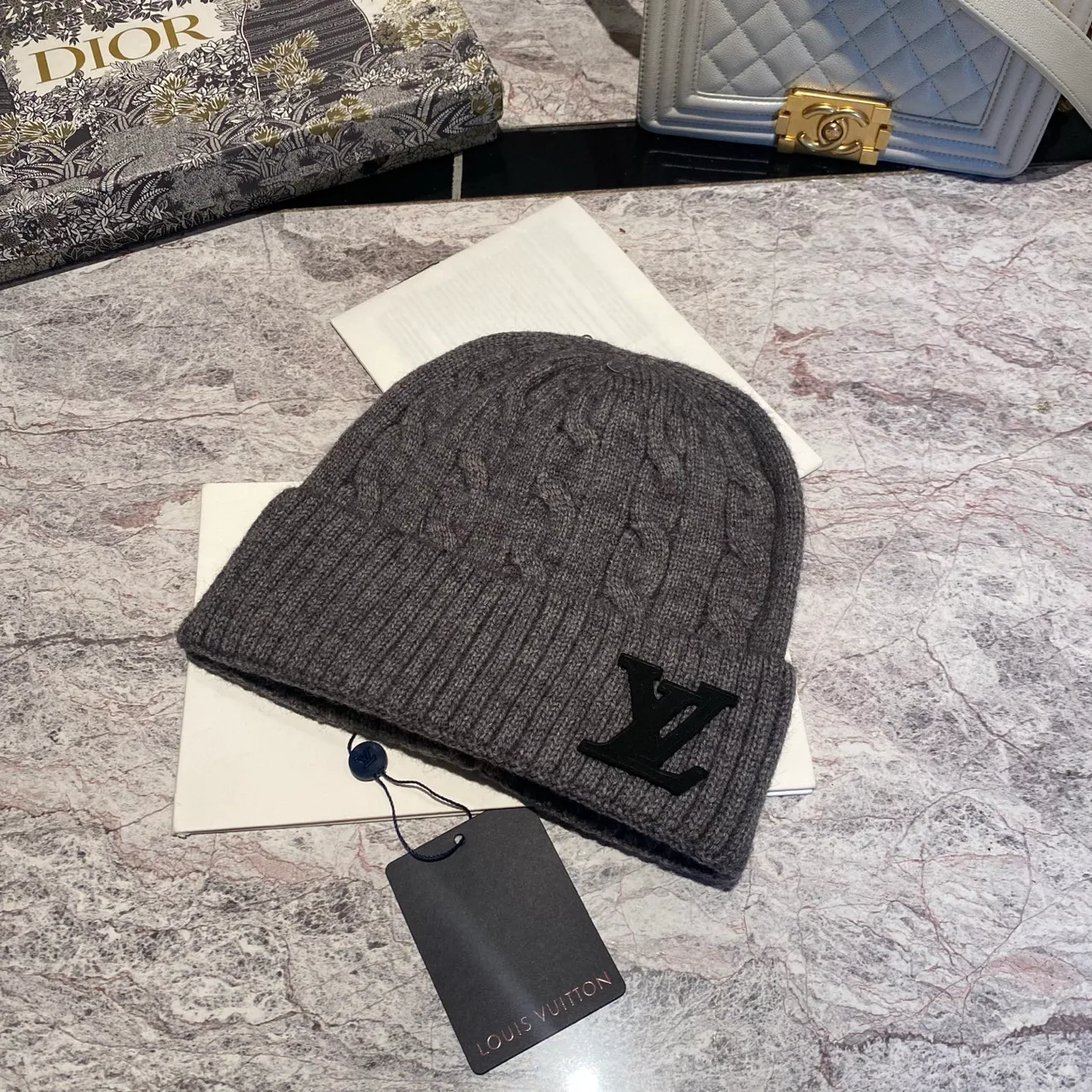 Louis Vuitton Cable-Knit Beanie in Black & White & Grey & Tan & Blue & Burgundy & Pink · view 3