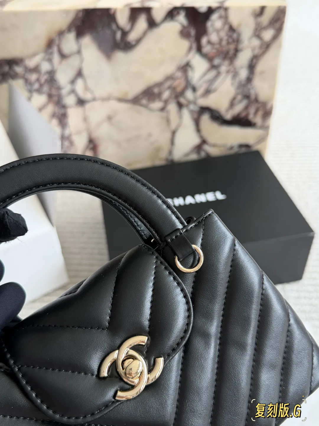 Chanel Lambskin Quilted Top-Handle Bag in Black · view 7