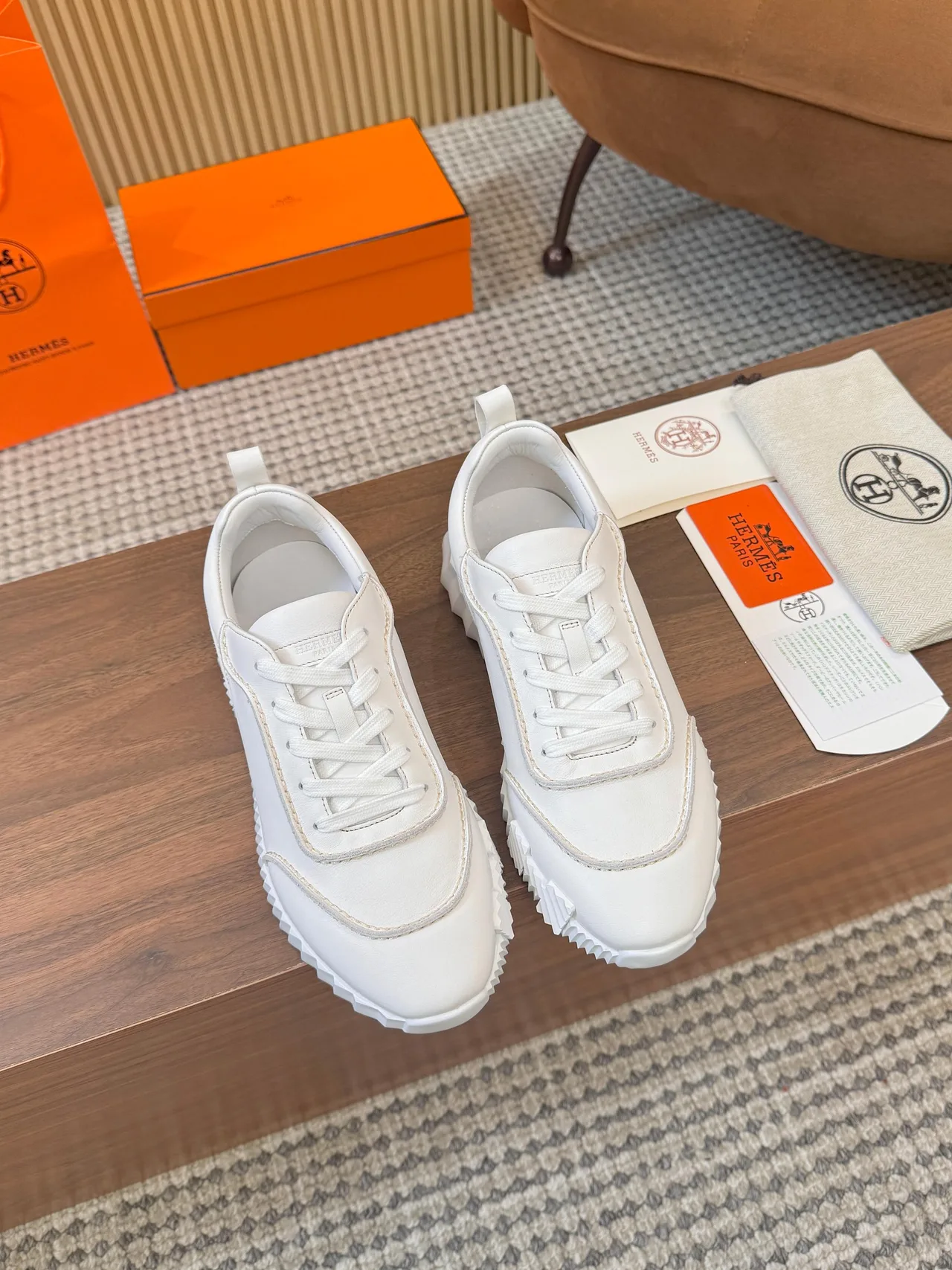Hermes Smooth Lace-Up Sneakers in White · view 6