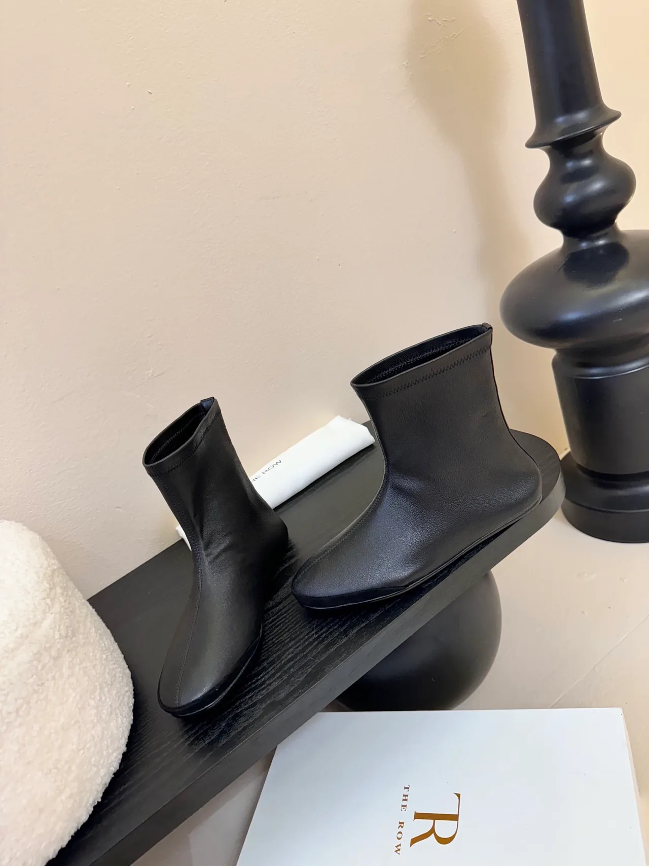 Sheepskin Round-Toe Minimal Ankle Boots in Black · view 3
