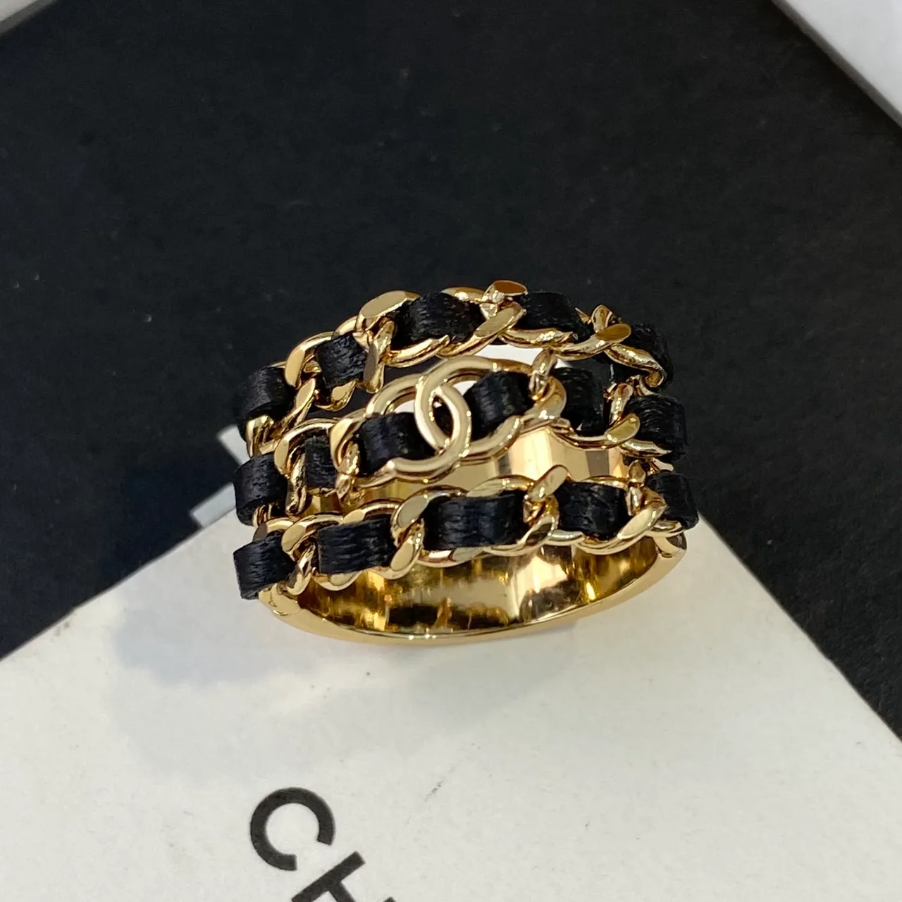 Chanel Sheepskin Woven Glossy Chain Ring in Gold · view 1
