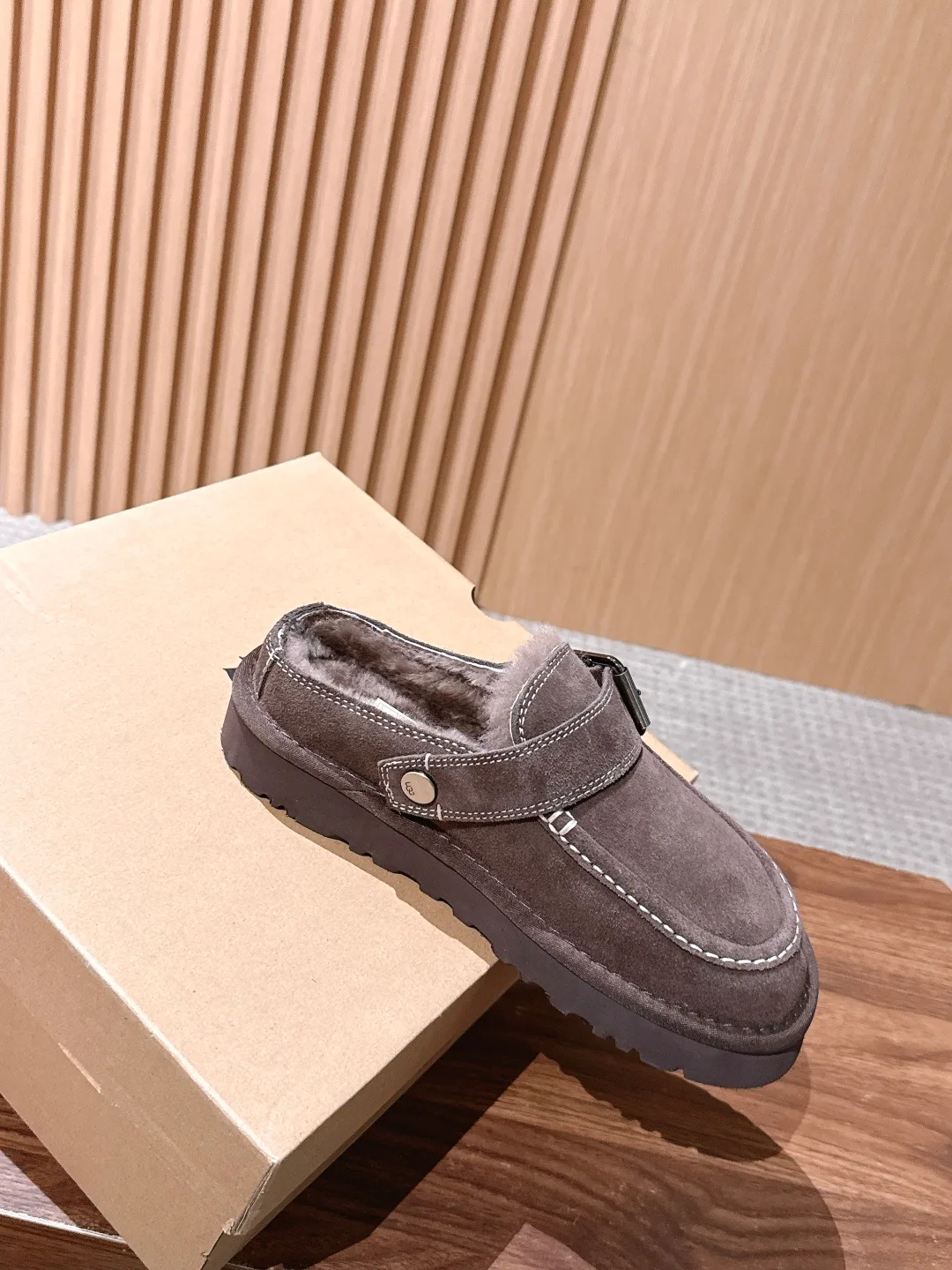 UGG Suede-Look Buckle Platform Loafer Mules in Brown · view 3