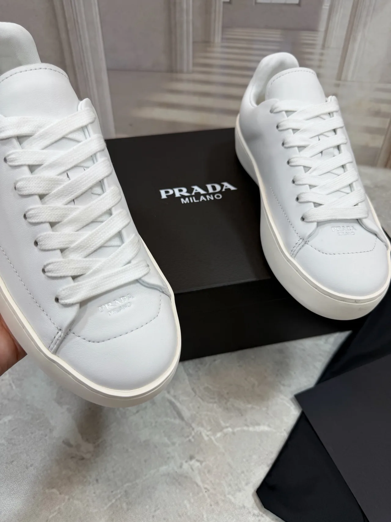 Prada Cowhide Smooth Low-Top Sneakers in White · view 5