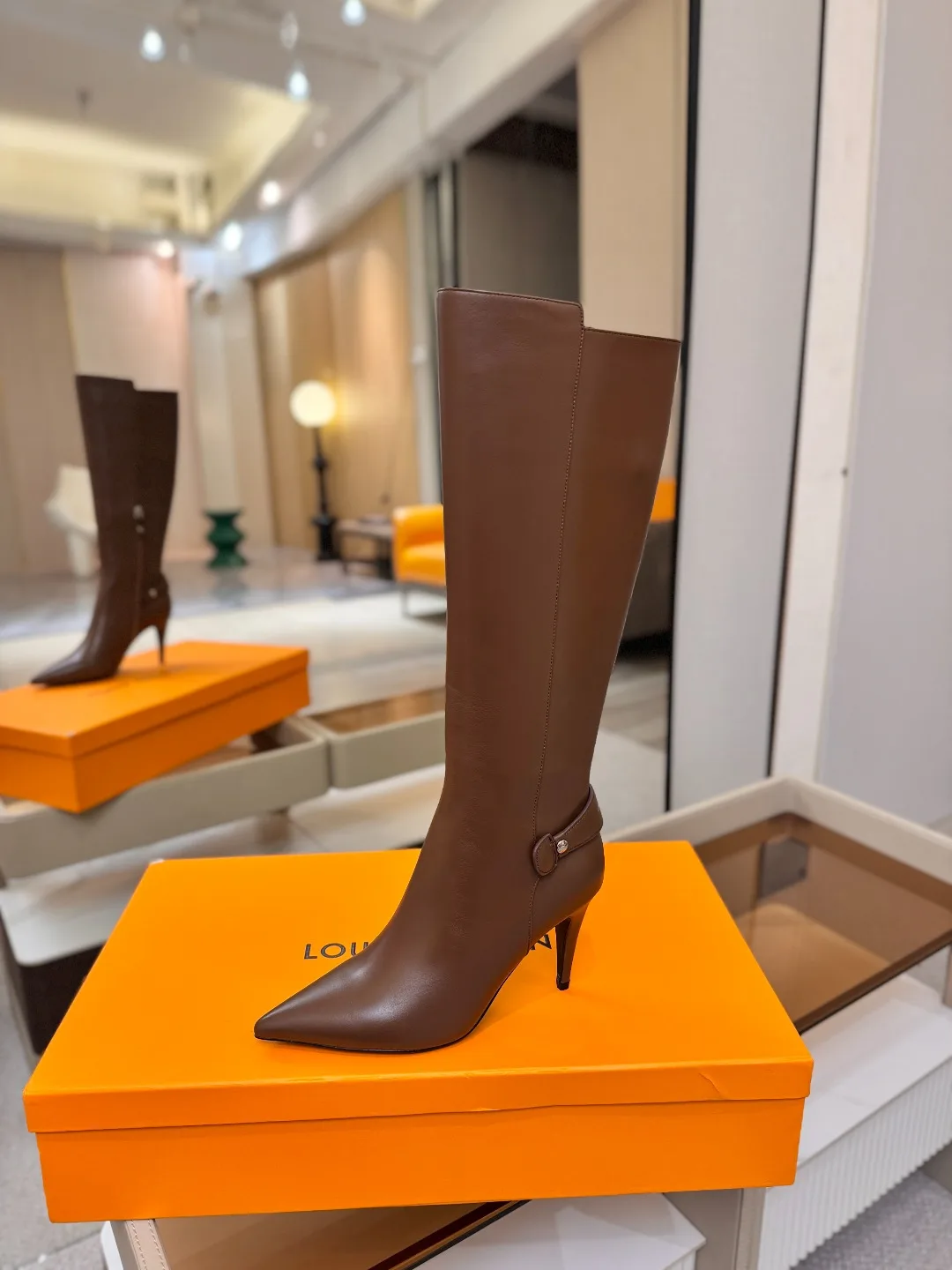 Louis Vuitton Calfskin Knee-High Stiletto Boots in Brown · view 1