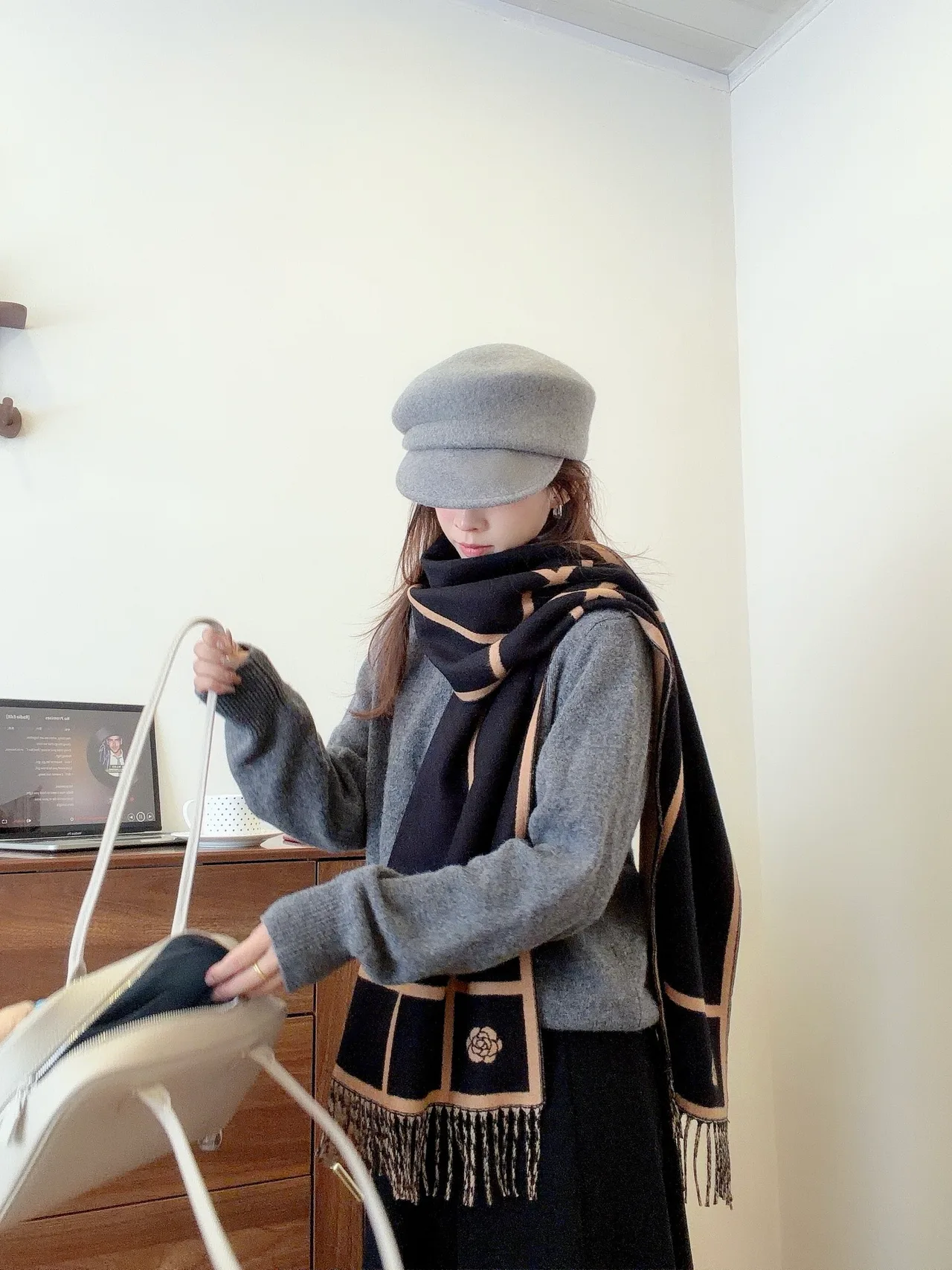 Chanel Camellia Grid Scarf in Black · view 5