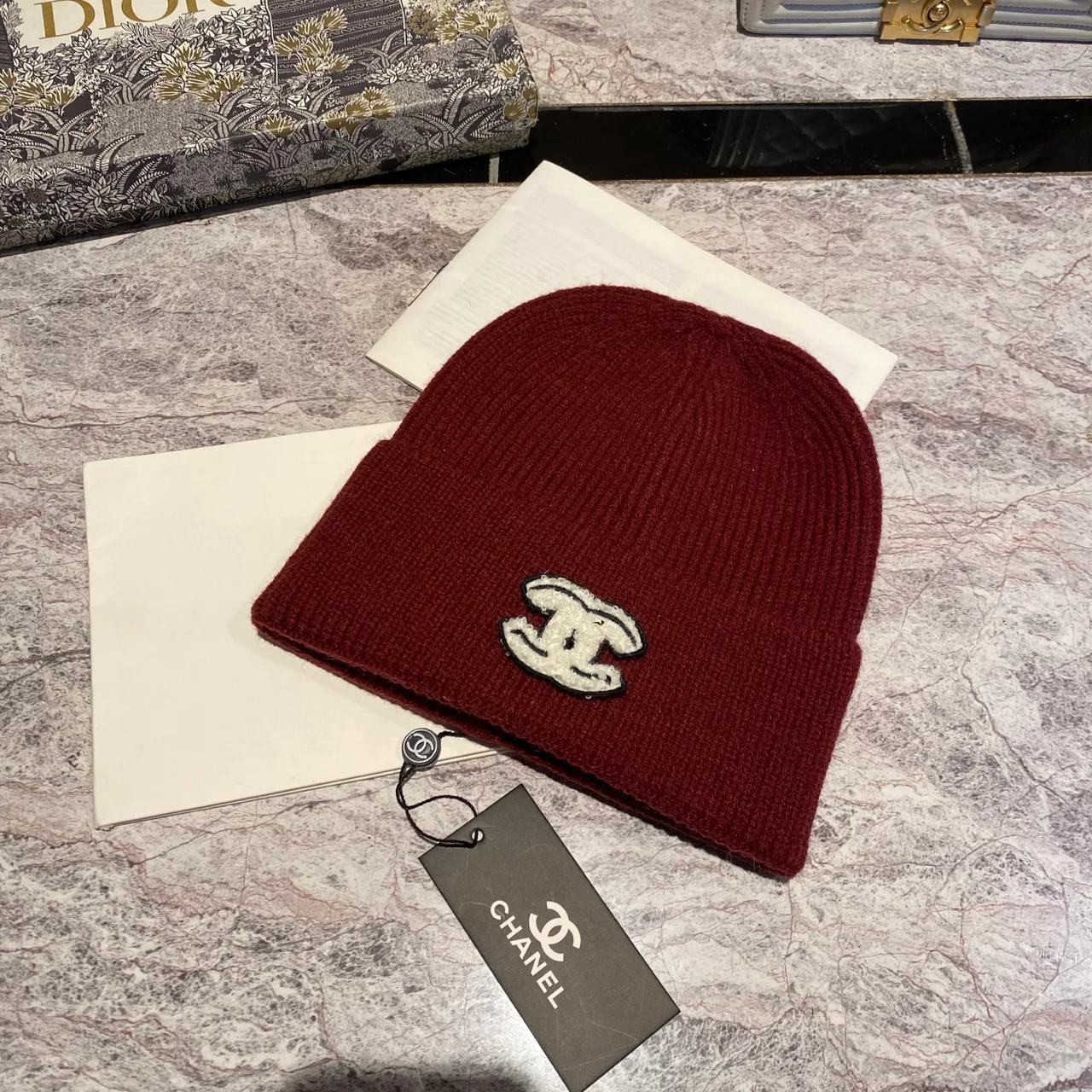Chanel CC Knit Beanie in Black / White / Red / Burgundy / Grey / Tan / Pink · view 4