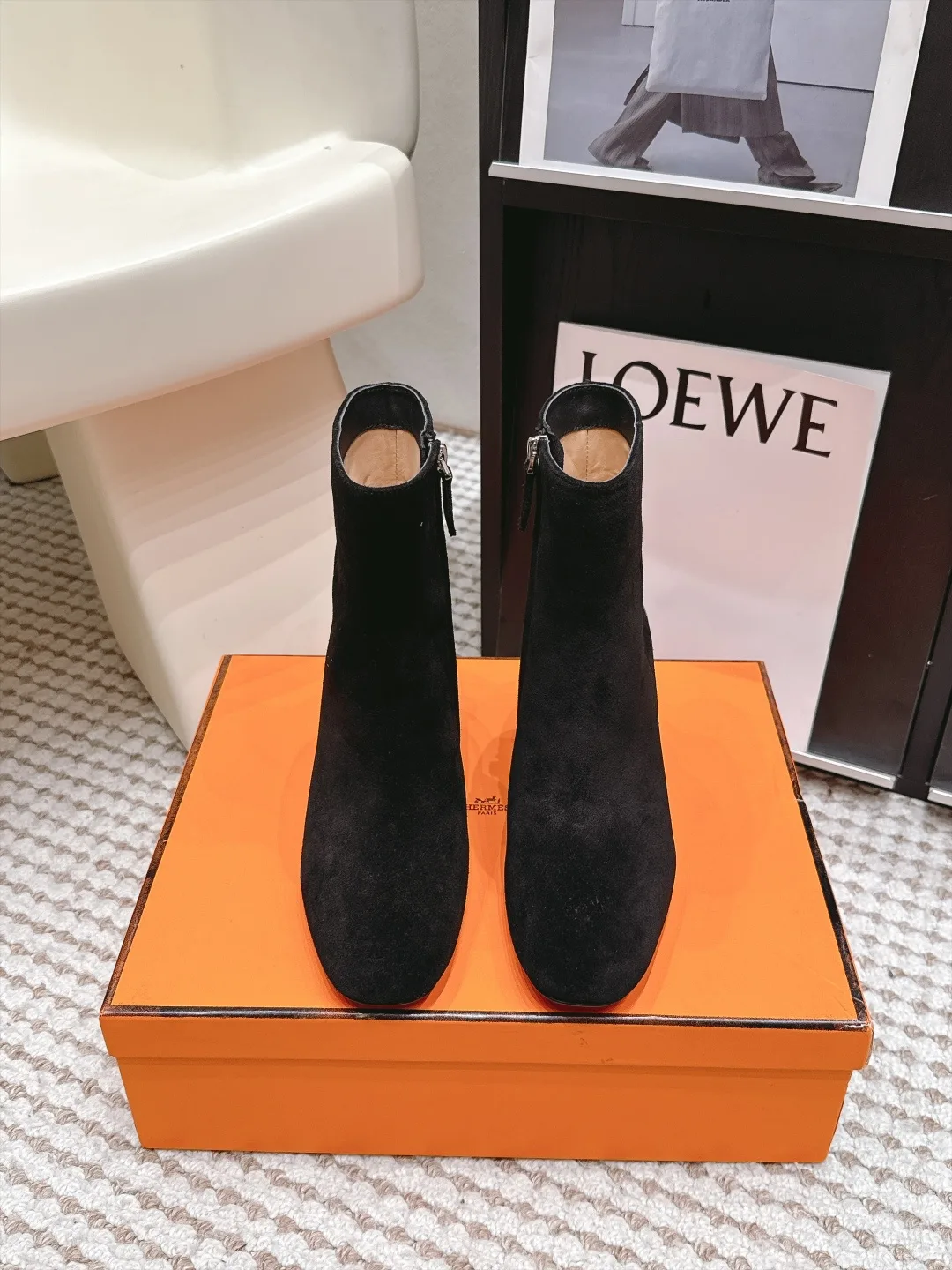 Loewe Suede-Look Square-Toe Ankle Boots in Black · view 1