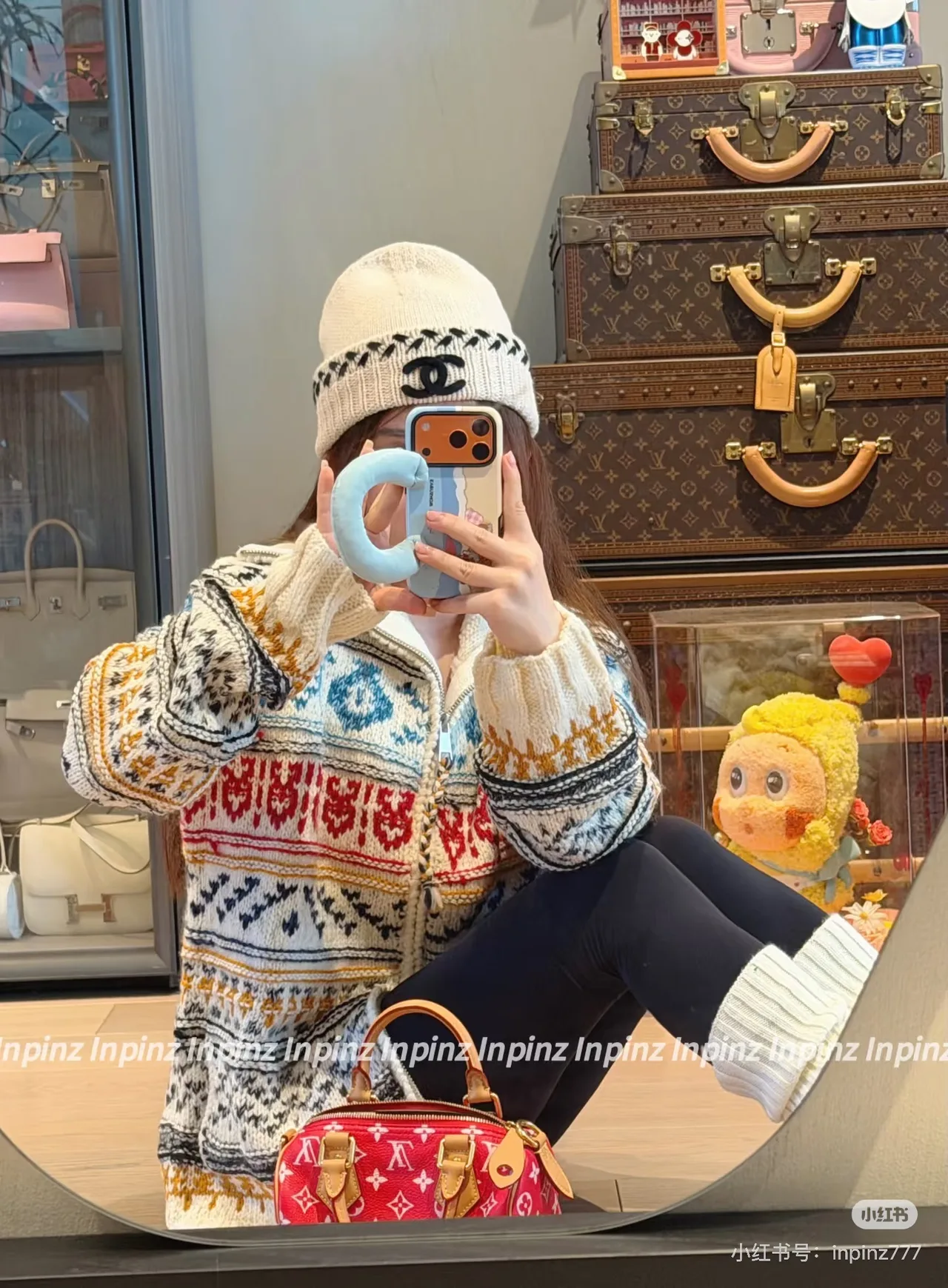 Chanel CC Wreath Beanie in Black & White & Red · view 2