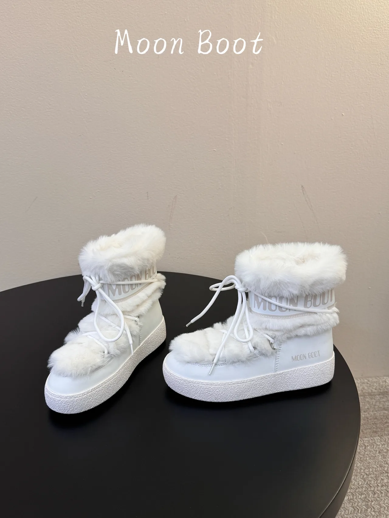 Moon Boot Round-Toe Lace-Up Fleece Boots in White · view 3