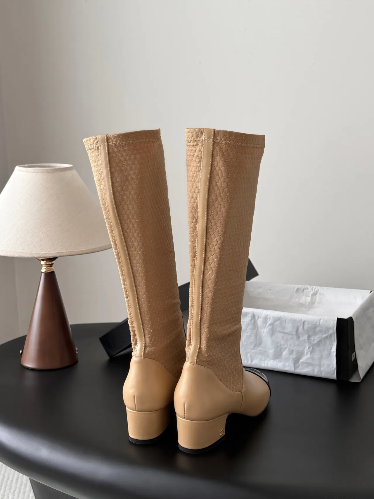 Chanel Cowhide Glossy Pointed-Toe Knee-High Boots in Beige · view 3
