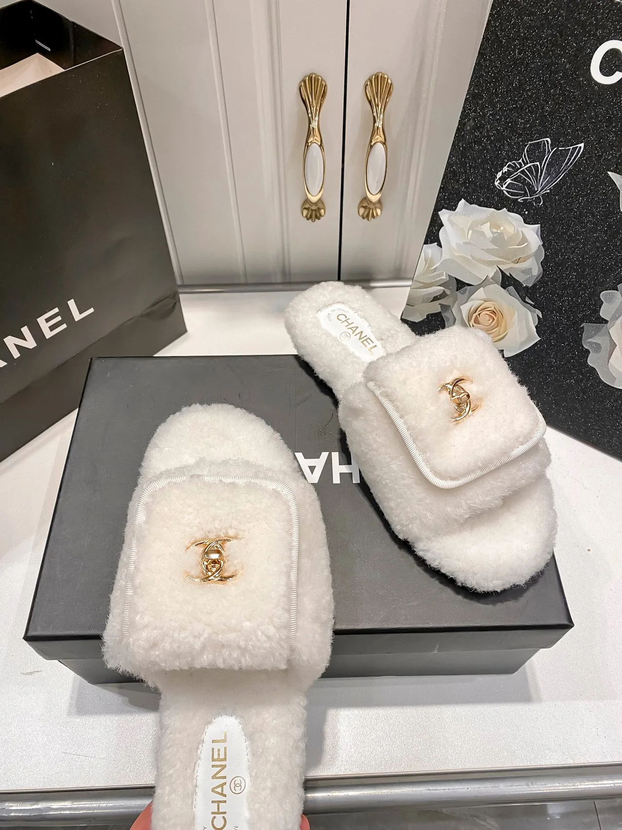 Chanel Faux-Fur Slippers in Black & White & Beige · view 4