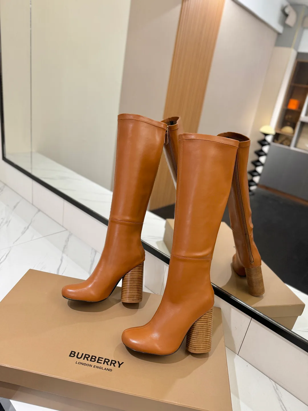 Burberry Glossy Knee-High Boots in Tan · view 4