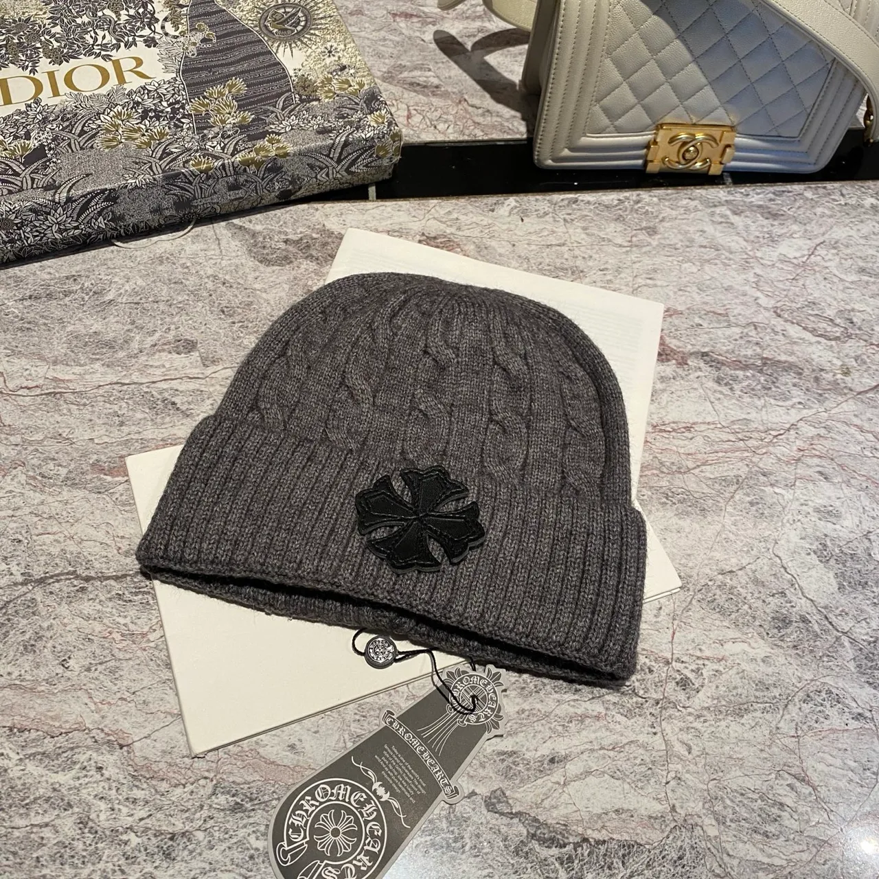 Chrome Hearts Cross Cable-Knit Beanie in Pink & White & Grey & Black & Blue & Red & Brown · view 6